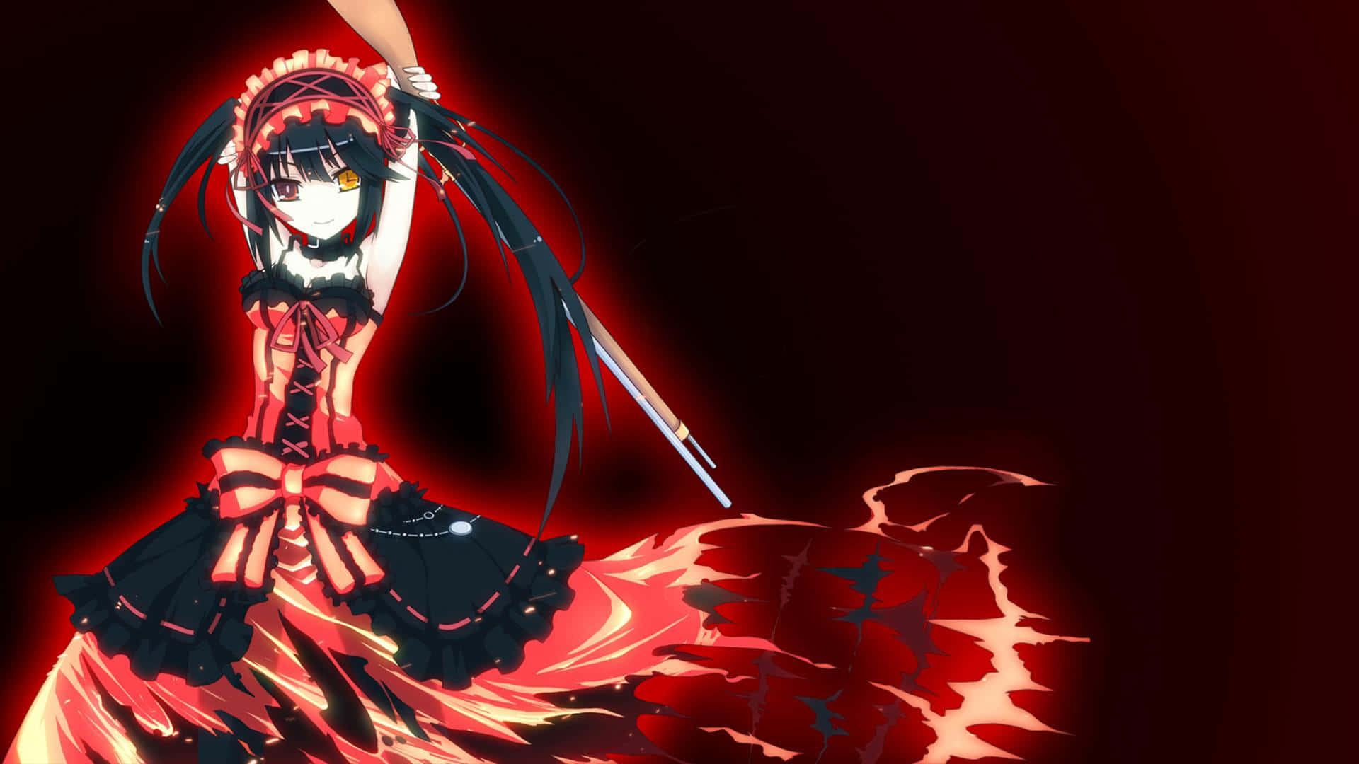 red and black gothic dress, glowing anime girl, sword, Full HD Desktop Wallpaper