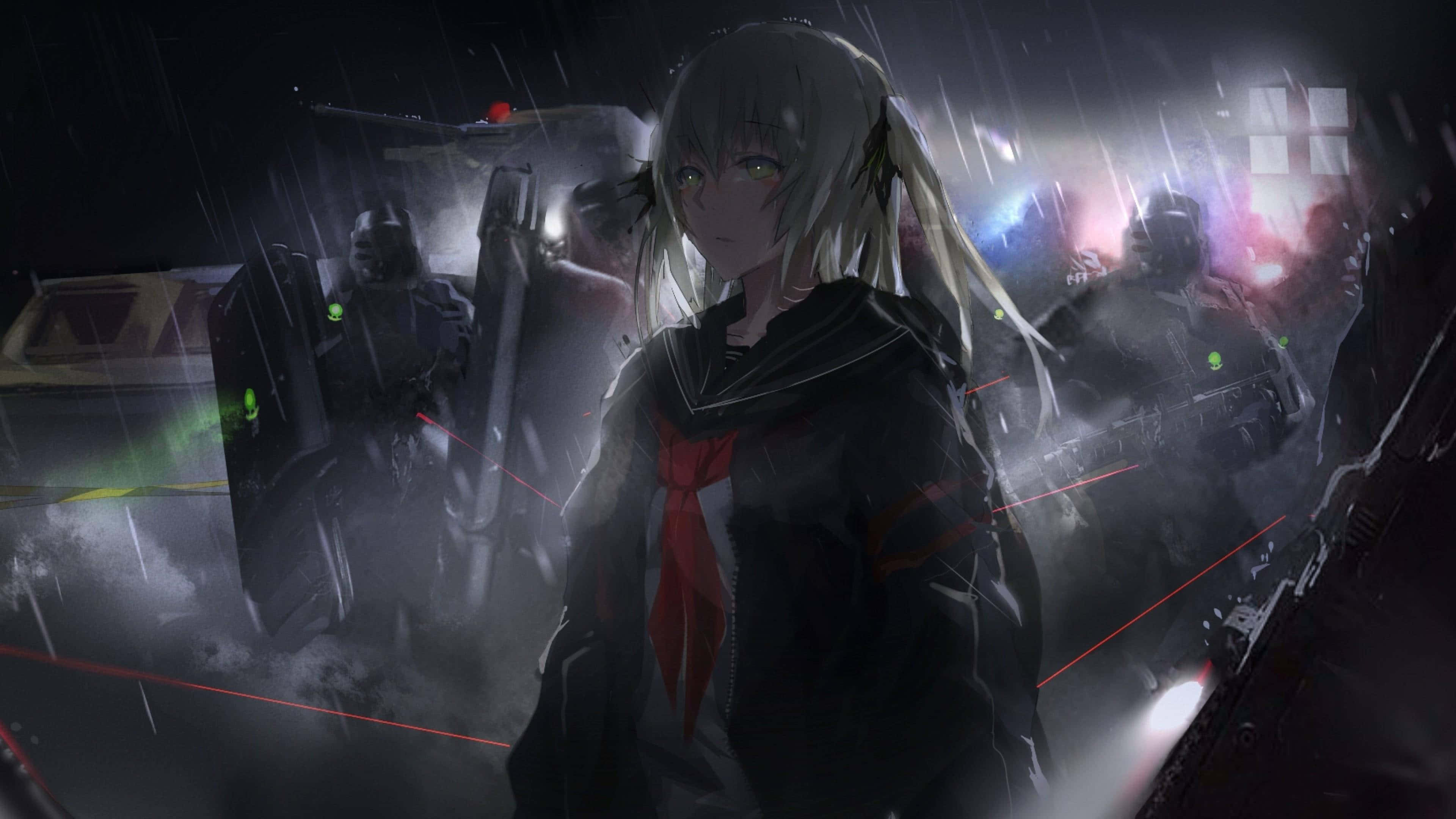 Black Anime Girl Aesthetic Pc, dark rain-soaked urban battlefield, glowing red laser beams, 4K Desktop Wallpaper