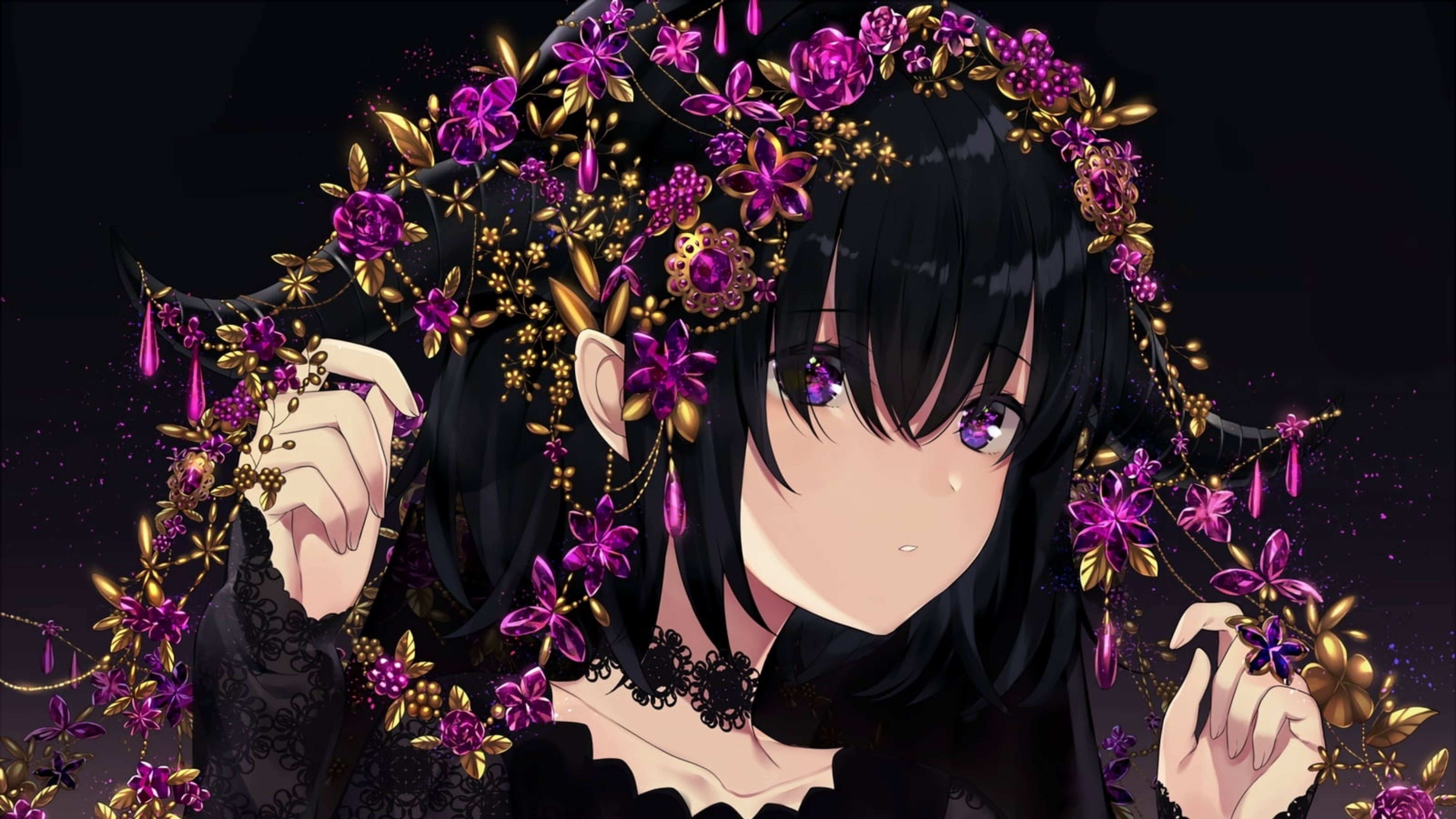 dark-haired anime girl, purple eyes, ornate crown of purple flowers, 5K Desktop Wallpaper
