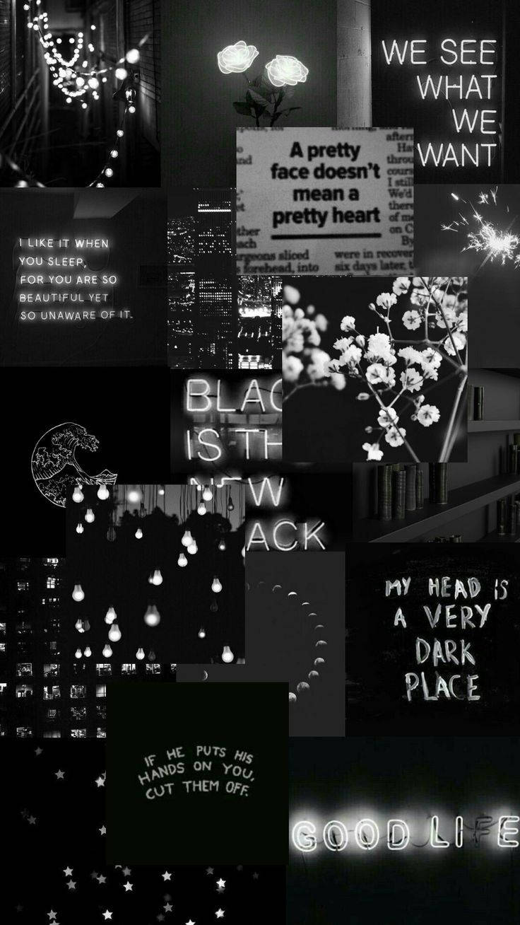 black and white collage, glowing text, cityscape elements, HD Phone Wallpaper