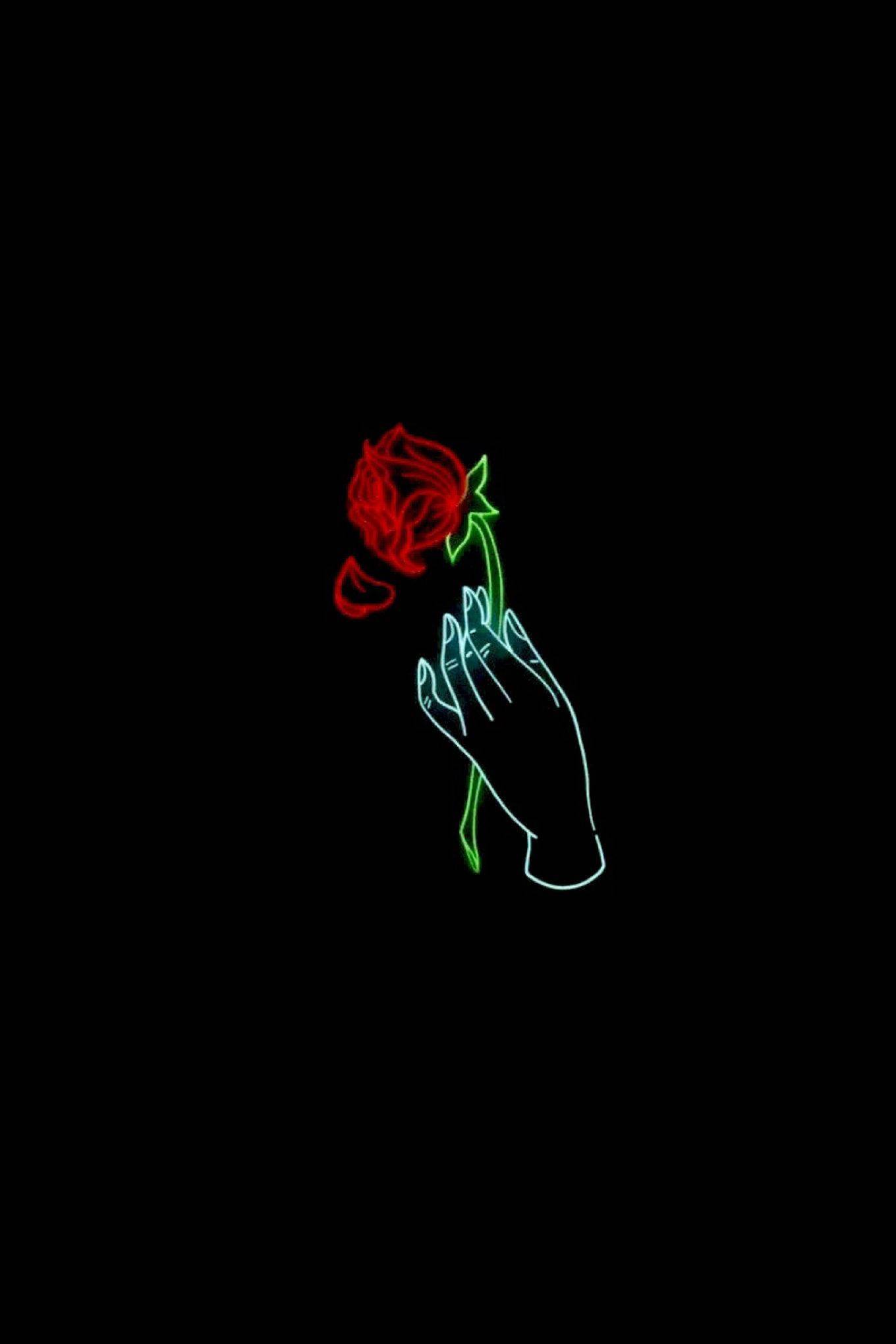 Black Aesthetic Rose, neon hand, vibrant red rose, Full HD Phone Wallpaper