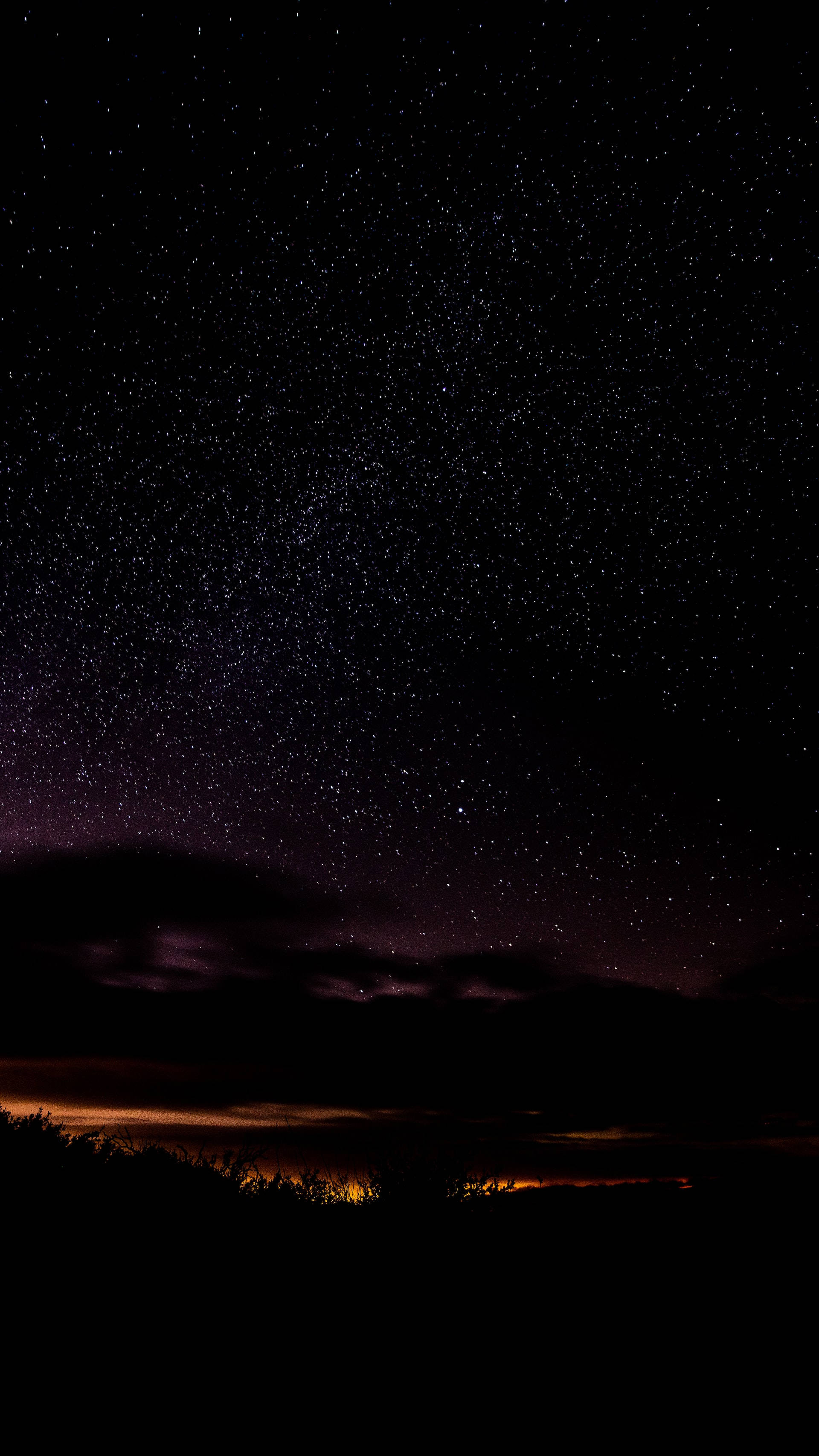 Stars And Milky Way, purple clouds, glowing orange horizon, 2K Phone Wallpaper