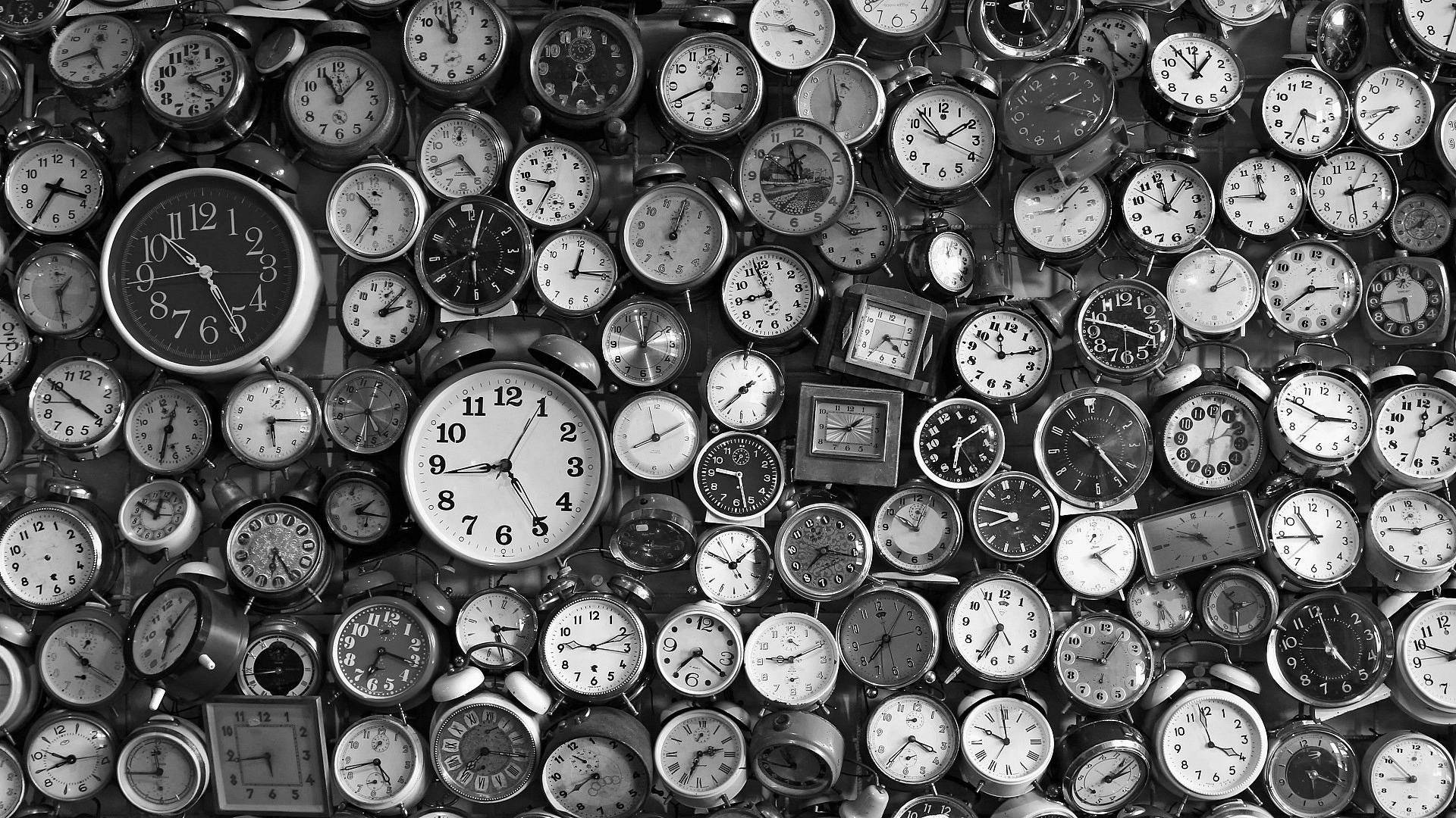 analog clocks, watches, black and white collage, Full HD Desktop Wallpaper