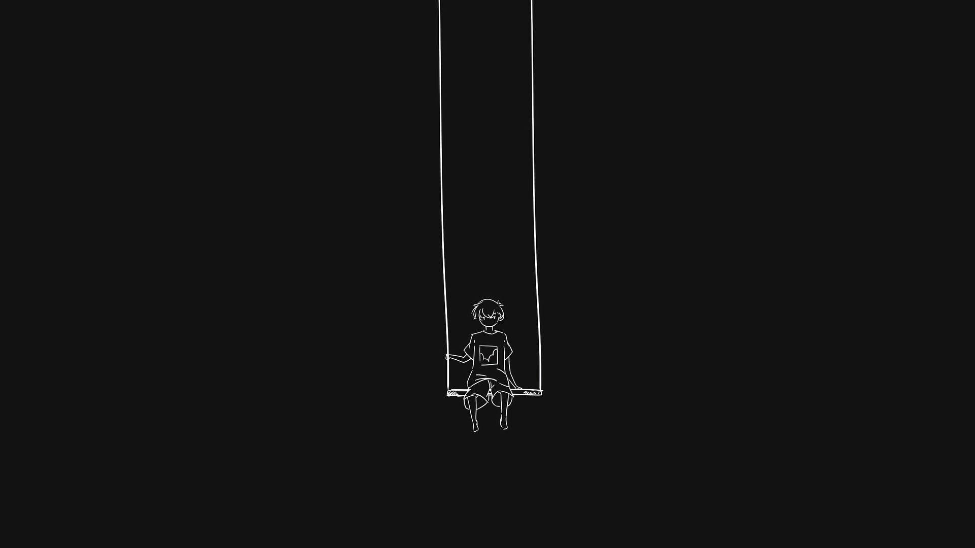 boy in swing, minimalist white line drawing, solid black background, Full HD Desktop Wallpaper