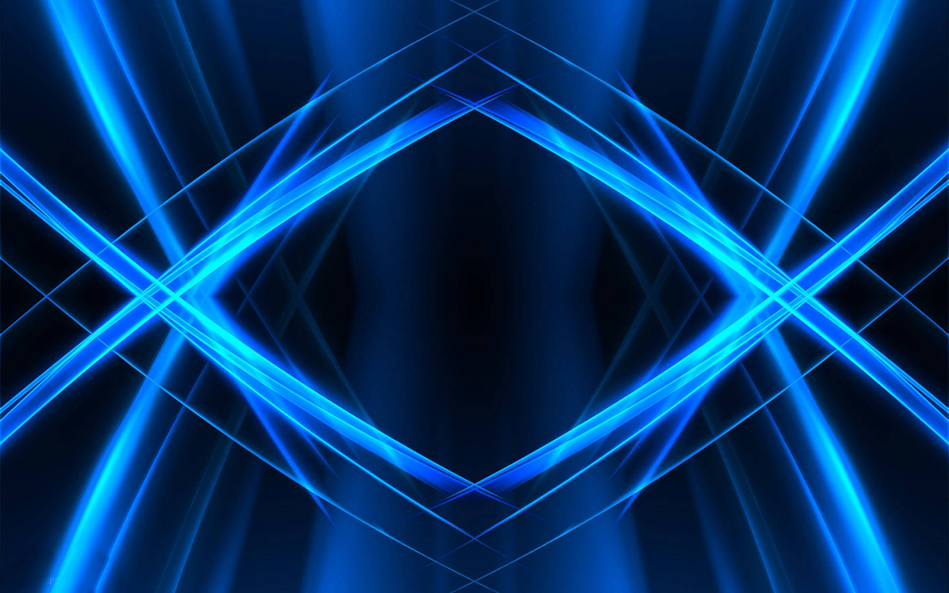 symmetrical geometric pattern, vibrant blue neon light beams, dark background, Full HD Desktop Wallpaper