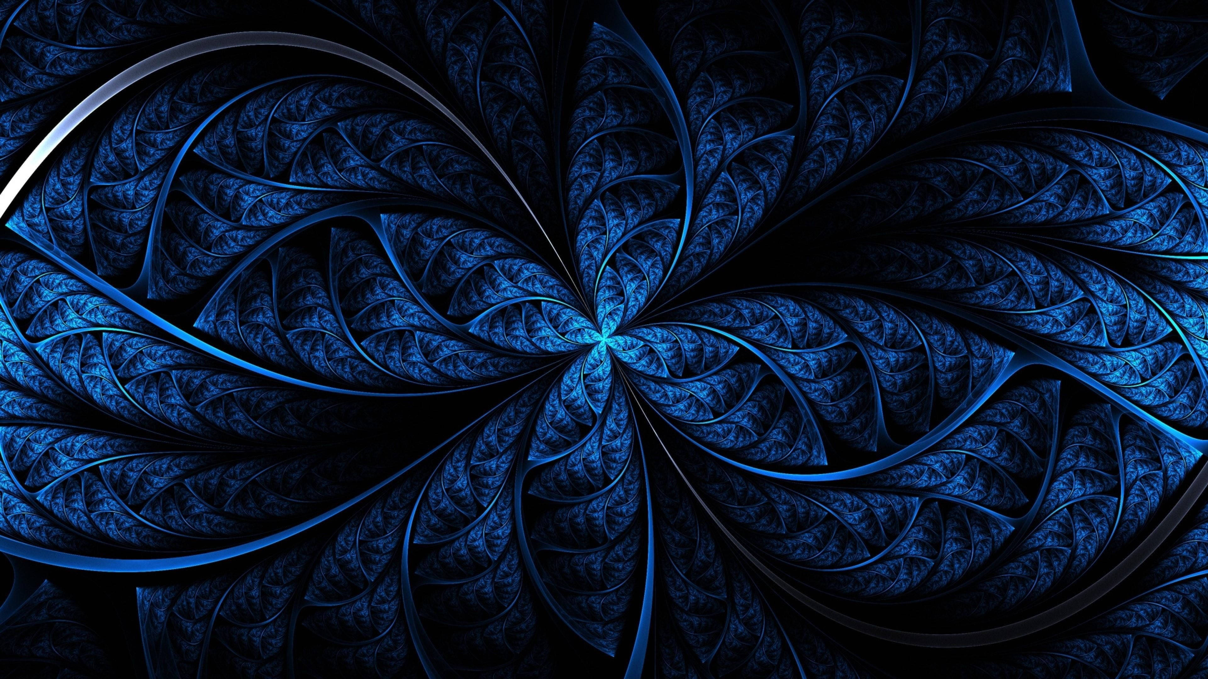 Dark Blue Aesthetic Leaves, blue fractal pattern, glowing center, 4K Desktop Wallpaper