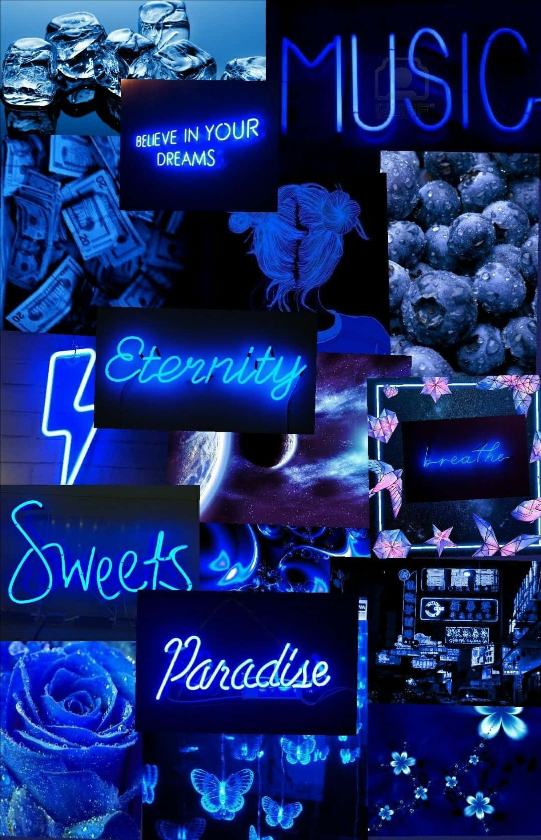 Black Blue Aesthetic, neon collage, glowing text phrases, HD Phone Wallpaper