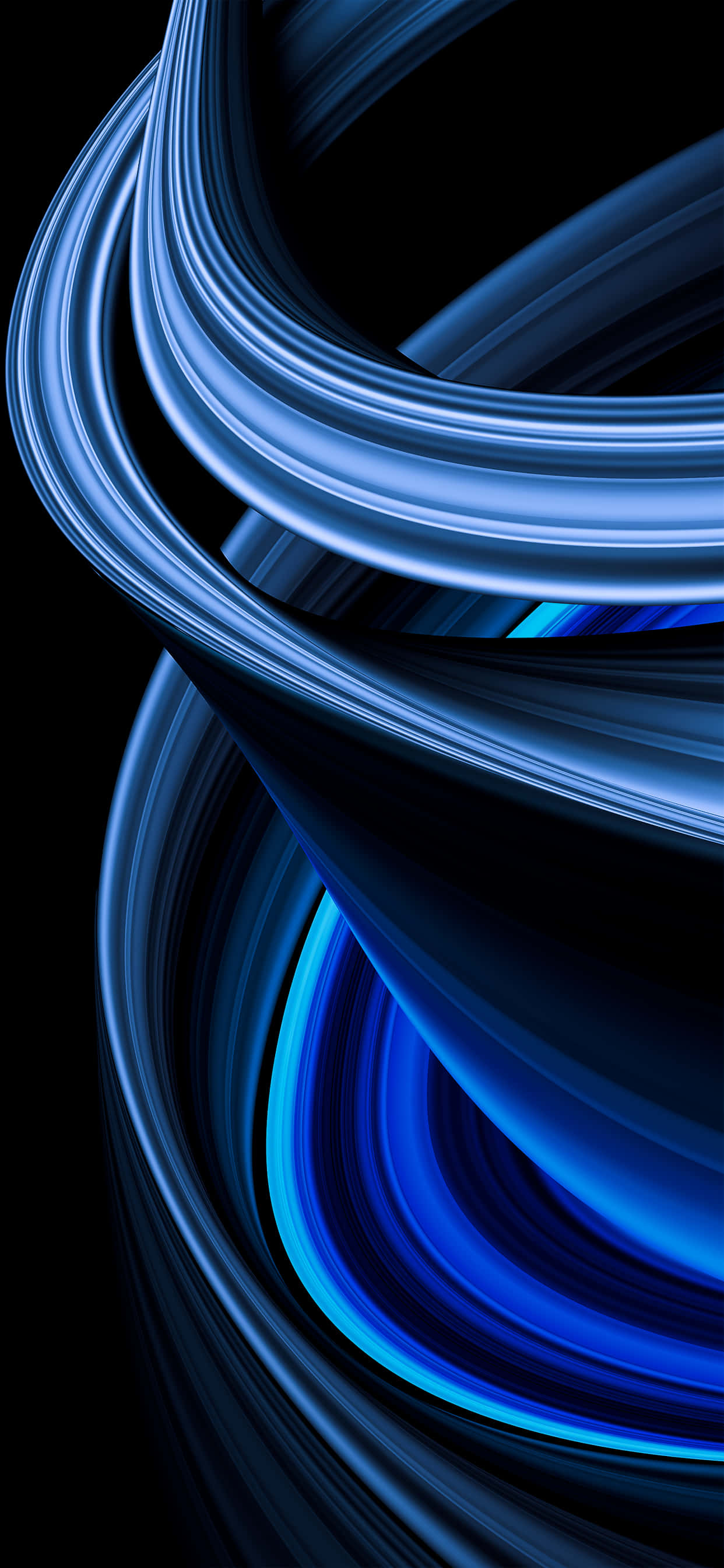 Black and Blue iPhone, deep black background, glowing blue ribbons, 2K Phone Wallpaper