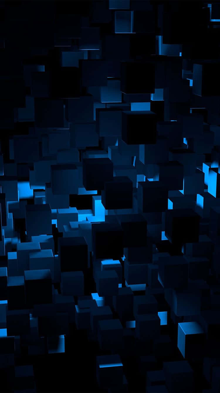 dark blue cubes, glowing cyan edges, black void, HD Phone Wallpaper