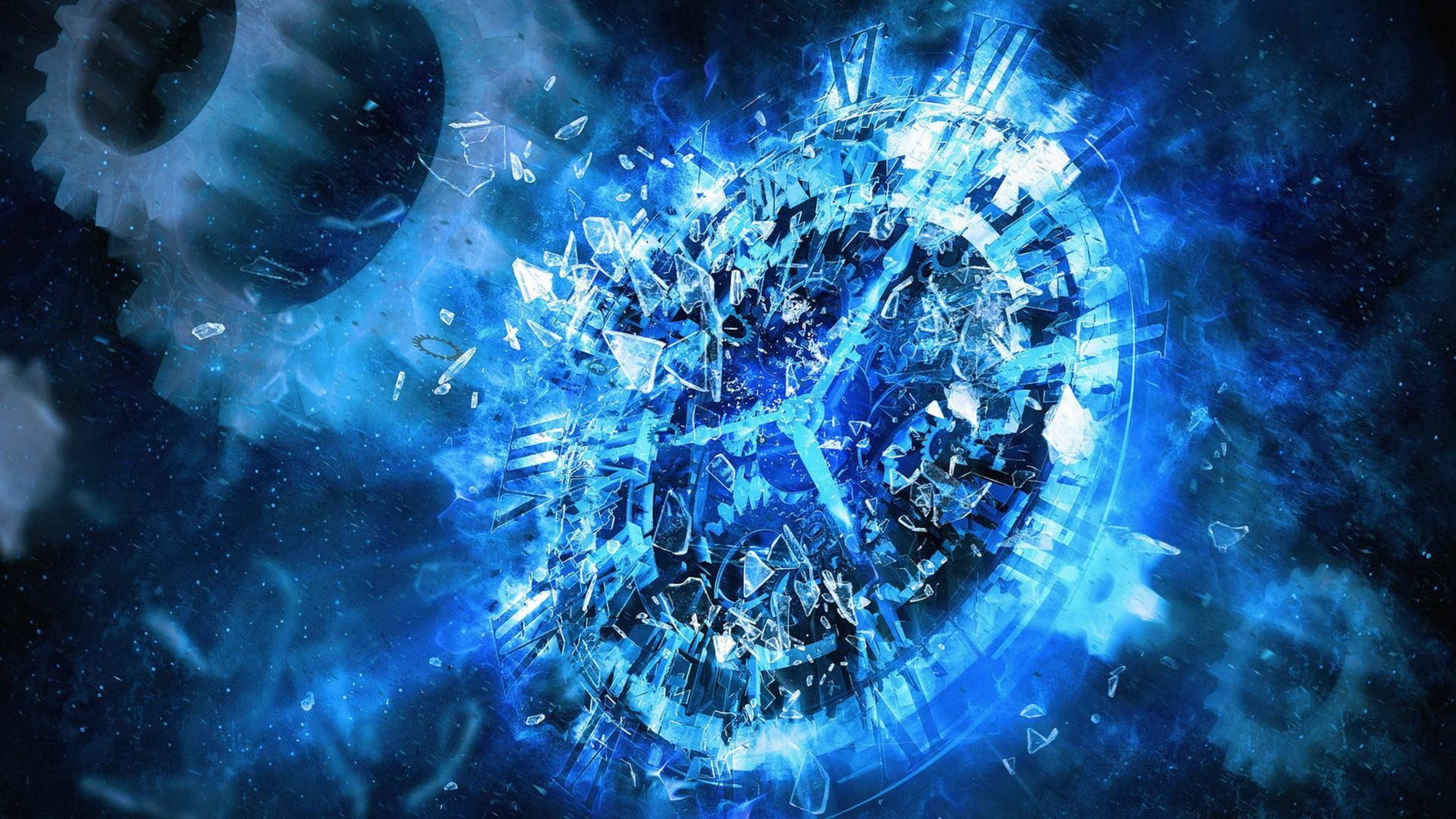 Clock And Gears Rainmeter Skin, shattered digital clock, electric blue shards, 4K Desktop Wallpaper