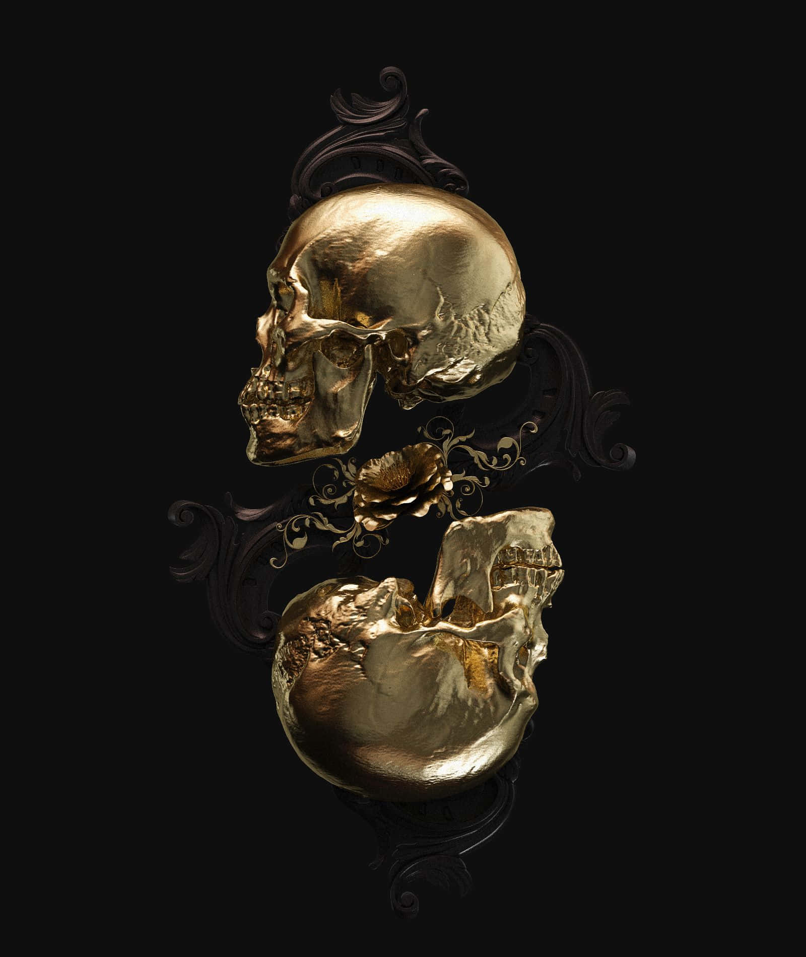 Black And Gold Aesthetic, gilded skulls, ornate dark metalwork, HD Phone Wallpaper