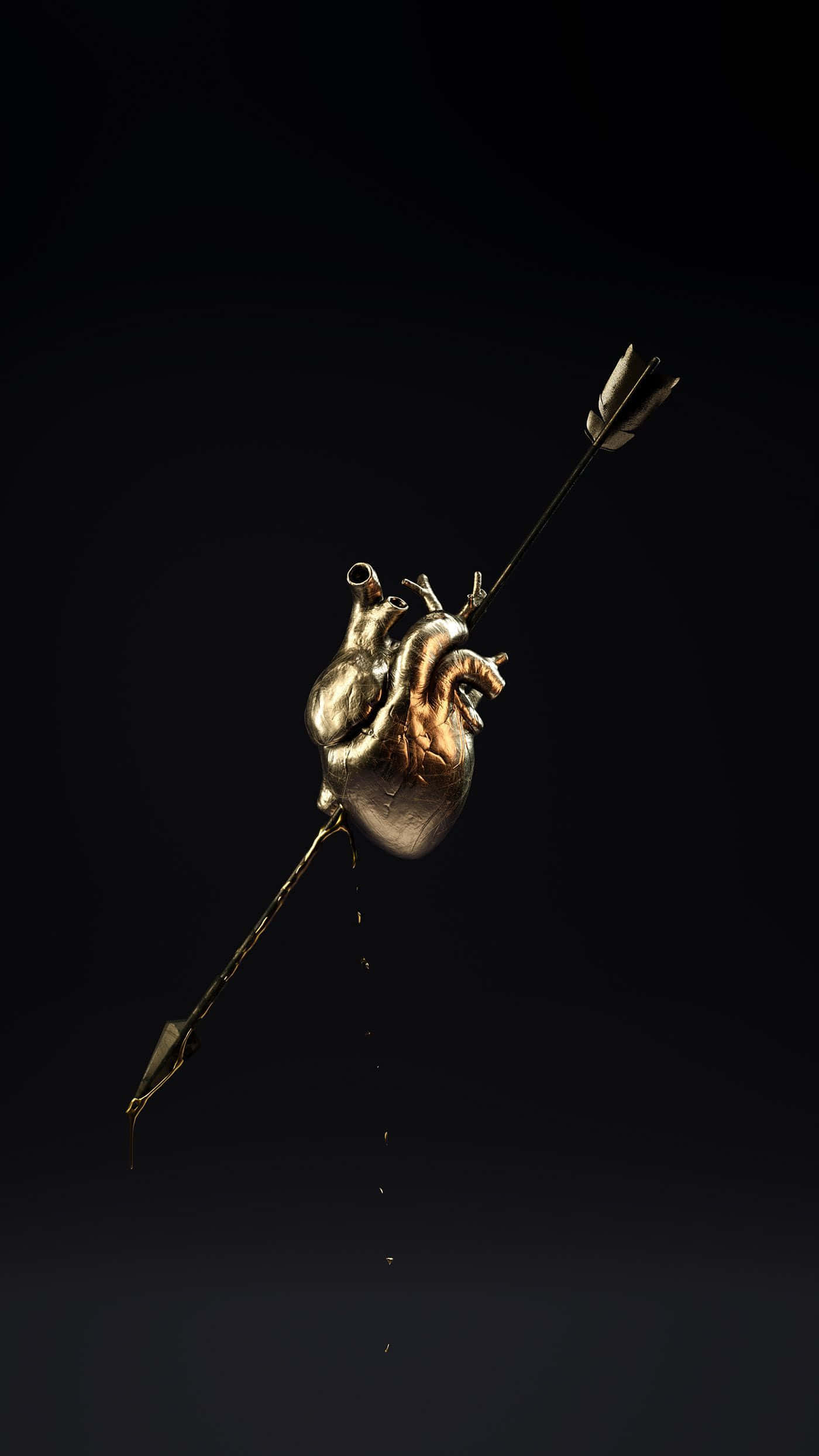 metallic anatomical heart, arrow, blood droplets, Full HD Phone Wallpaper
