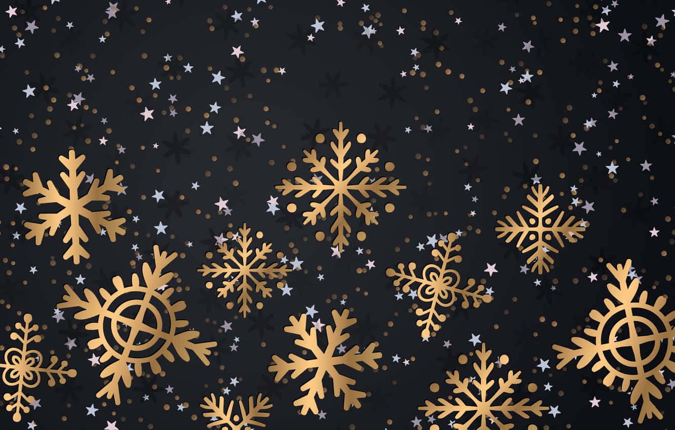 gold snowflakes, black background, stars, HD Desktop Wallpaper
