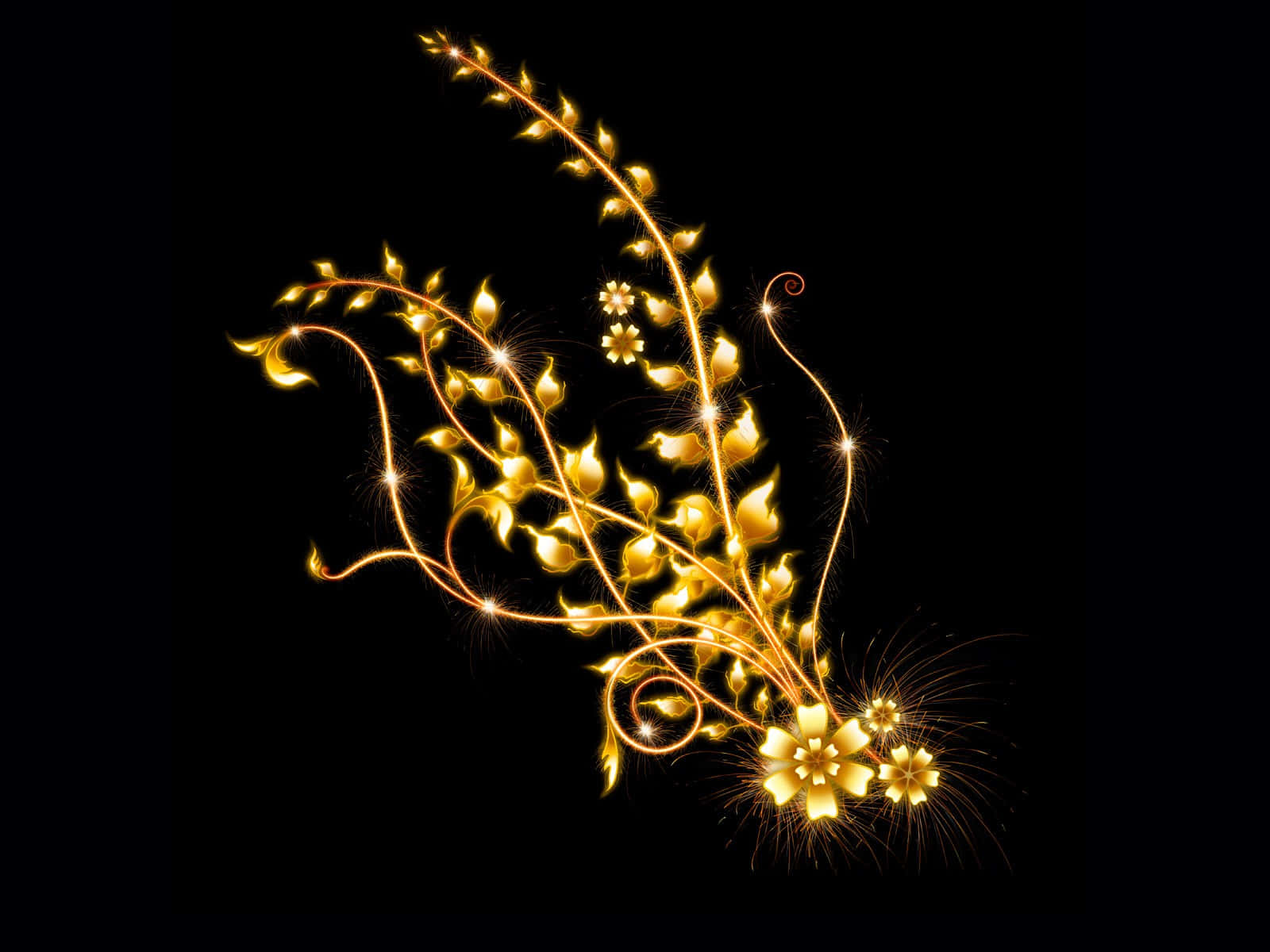 golden leaves, black background, glowing floral vines, HD Desktop Wallpaper