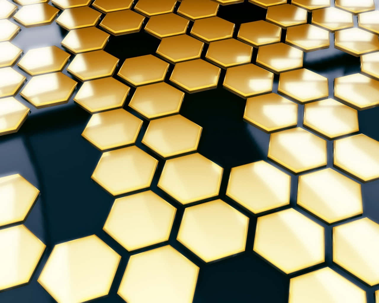 Golden hexagonal tiles, geometric pattern, reflective surfaces, HD Desktop Wallpaper
