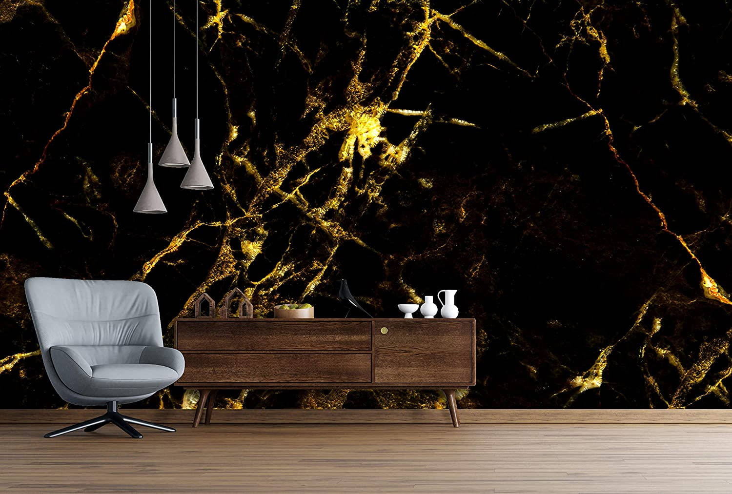 Black And Gold Marble Wall, gray chair, wooden console, HD Desktop Wallpaper