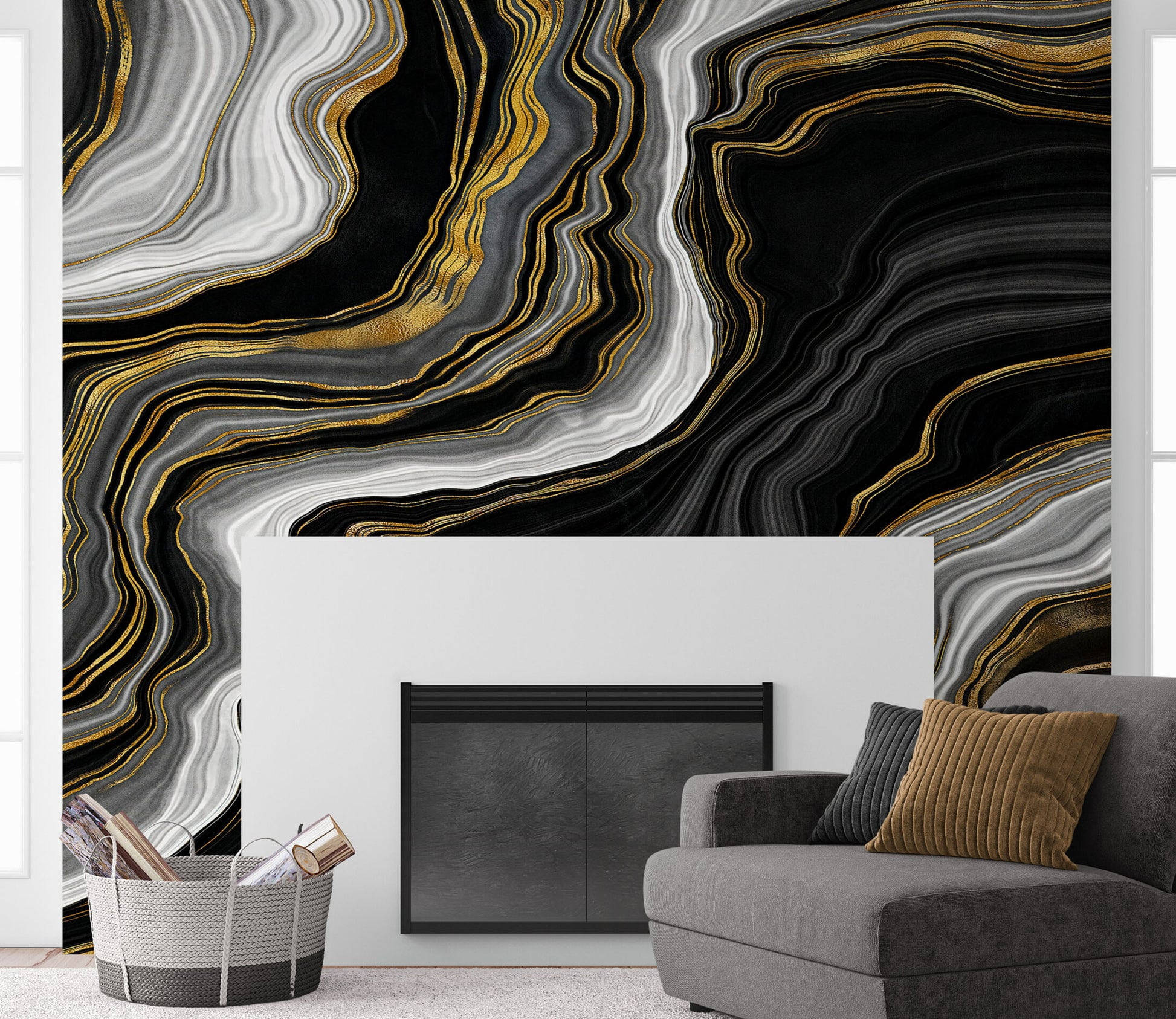 black and gold agate patterned wallpaper, minimalist fireplace, gray sofa, Full HD Desktop Wallpaper