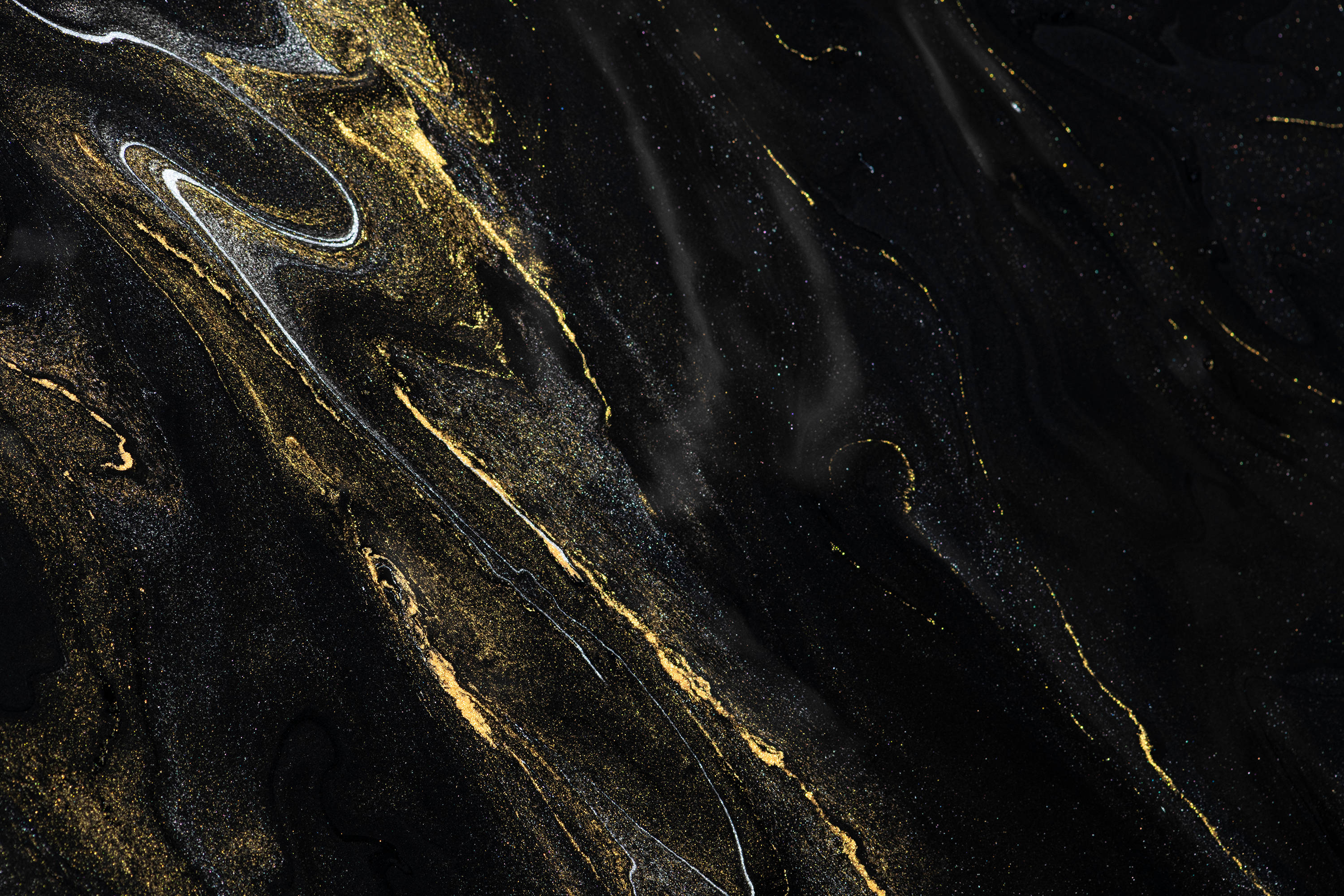 Black And Gold Marble, abstract swirls, silver accents, 2K Desktop Wallpaper