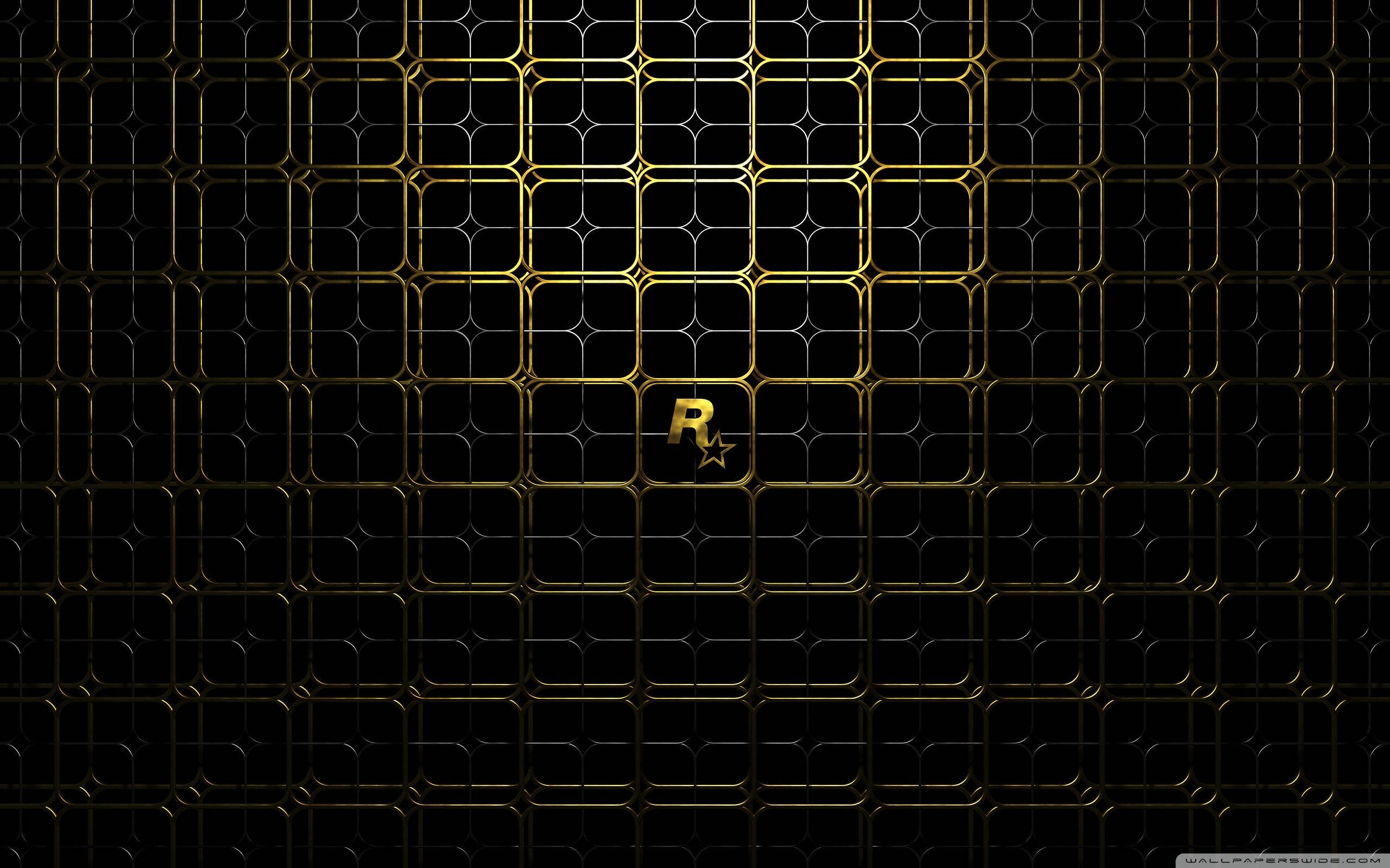 black and gold, geometric grid pattern, glowing 'R' logo, 2K Desktop Wallpaper
