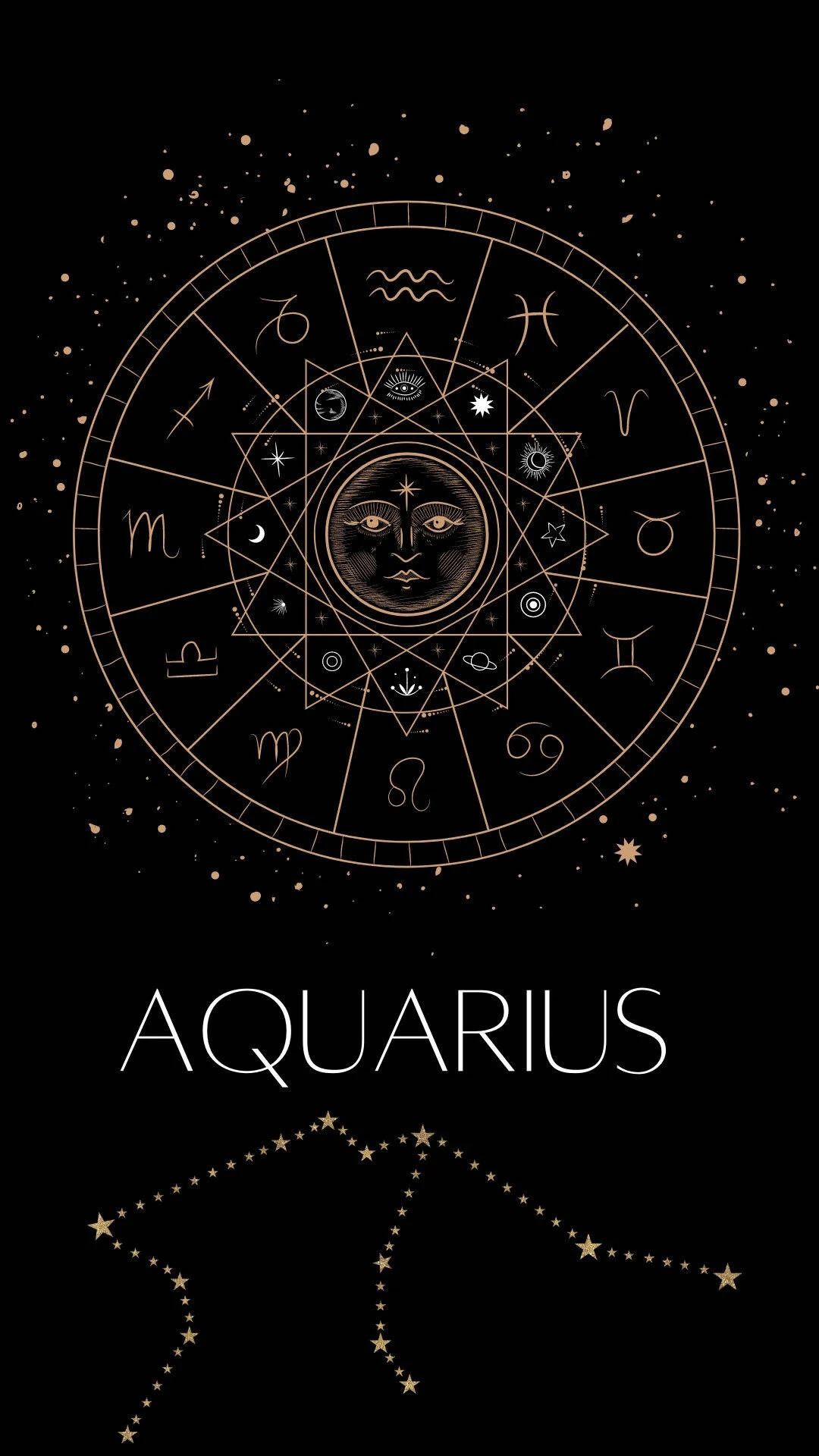 Aquarius symbol, starry constellation, golden zodiac wheel, Full HD Phone Wallpaper