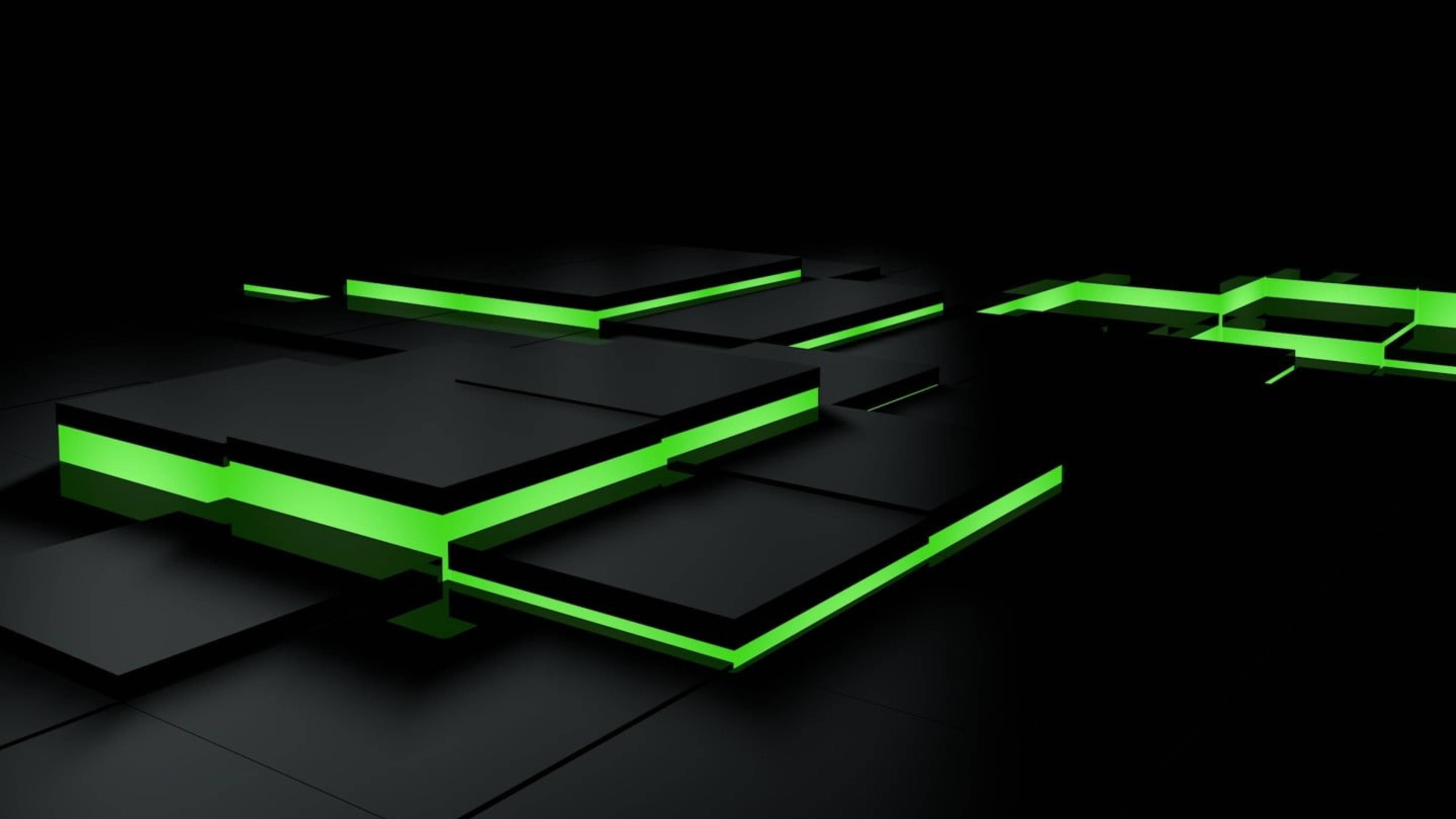 Black And Green LED 4K Squares, geometric black blocks, glowing green edges, 4K Desktop Wallpaper