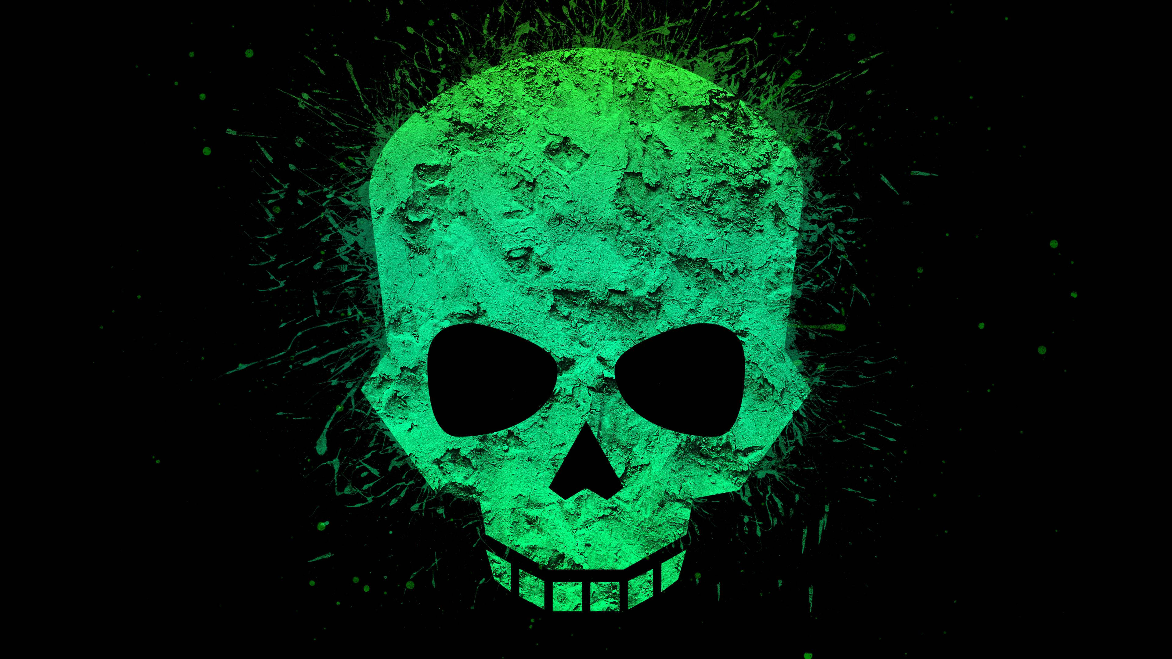 green decaying skull, glowing green, splattered texture, 4K Desktop Wallpaper