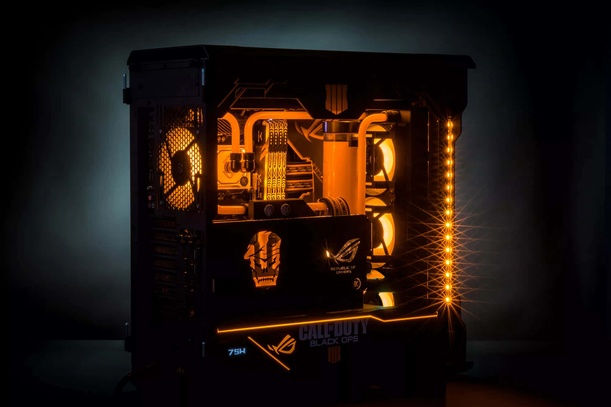 black gaming PC case, orange LED lighting, dark background, Full HD Desktop Wallpaper