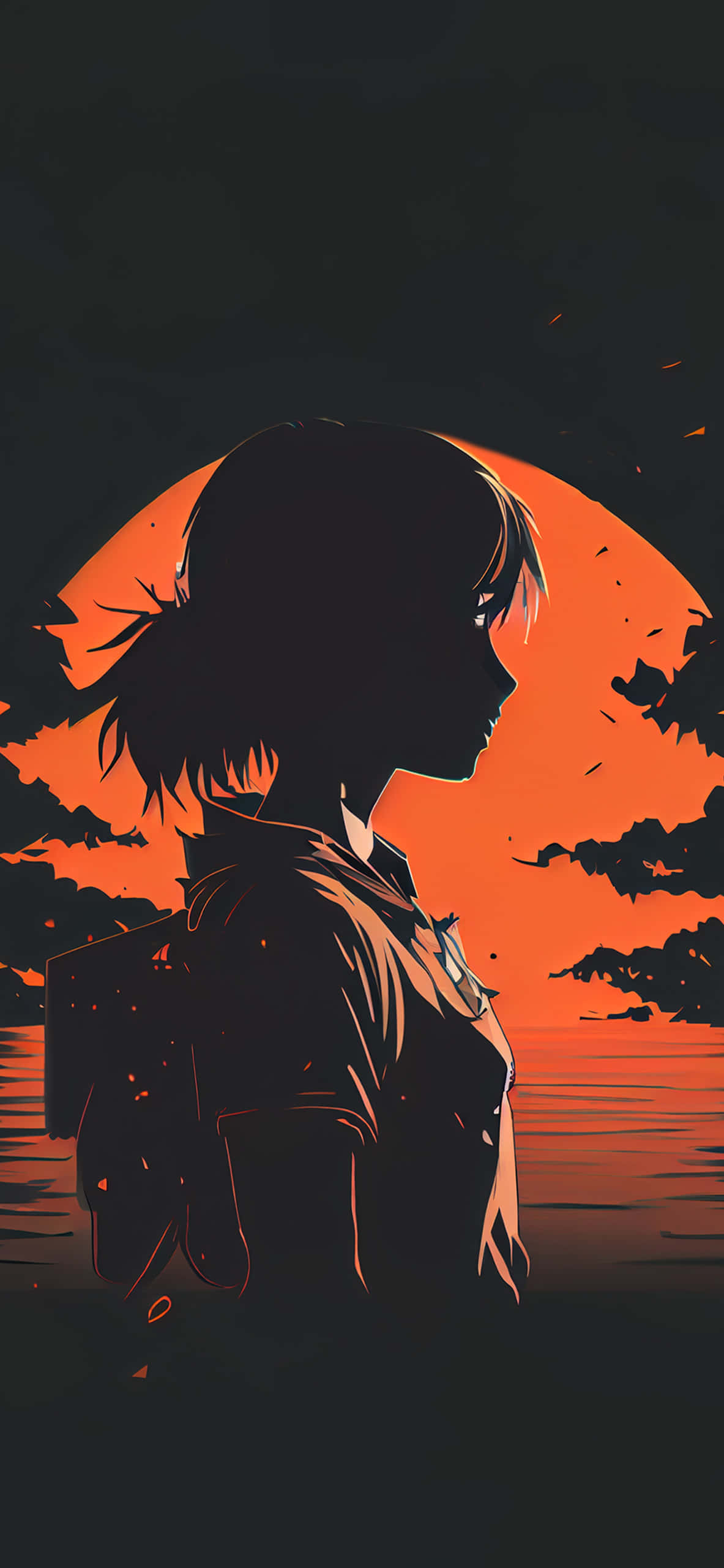 Black And Orange, anime girl, silhouette, 2K Phone Wallpaper