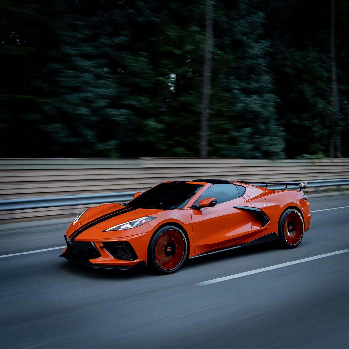Black and Orange, vibrant orange sports car, forest-lined road, HD Desktop Wallpaper