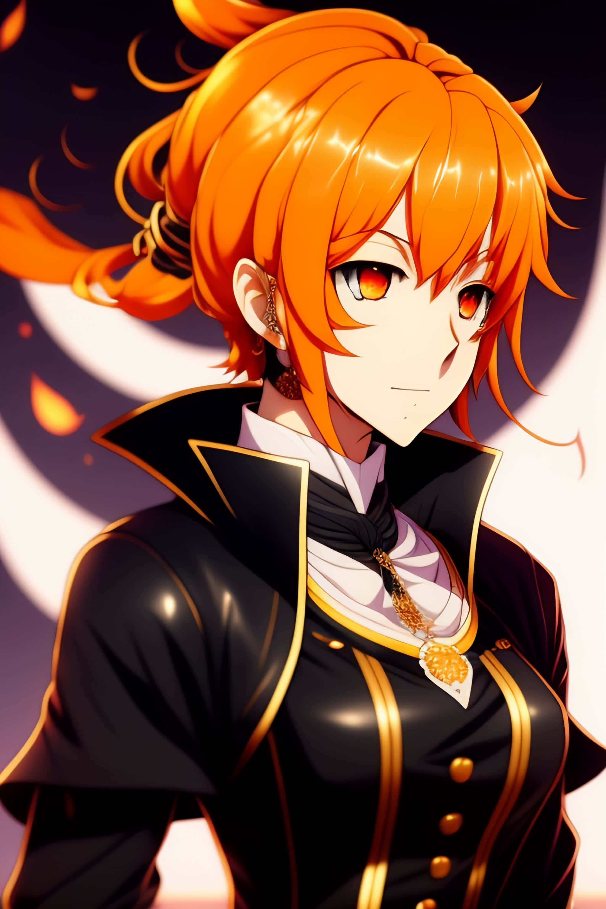 Black and Orange, fiery orange hair, glowing red eyes, 2K Phone Wallpaper