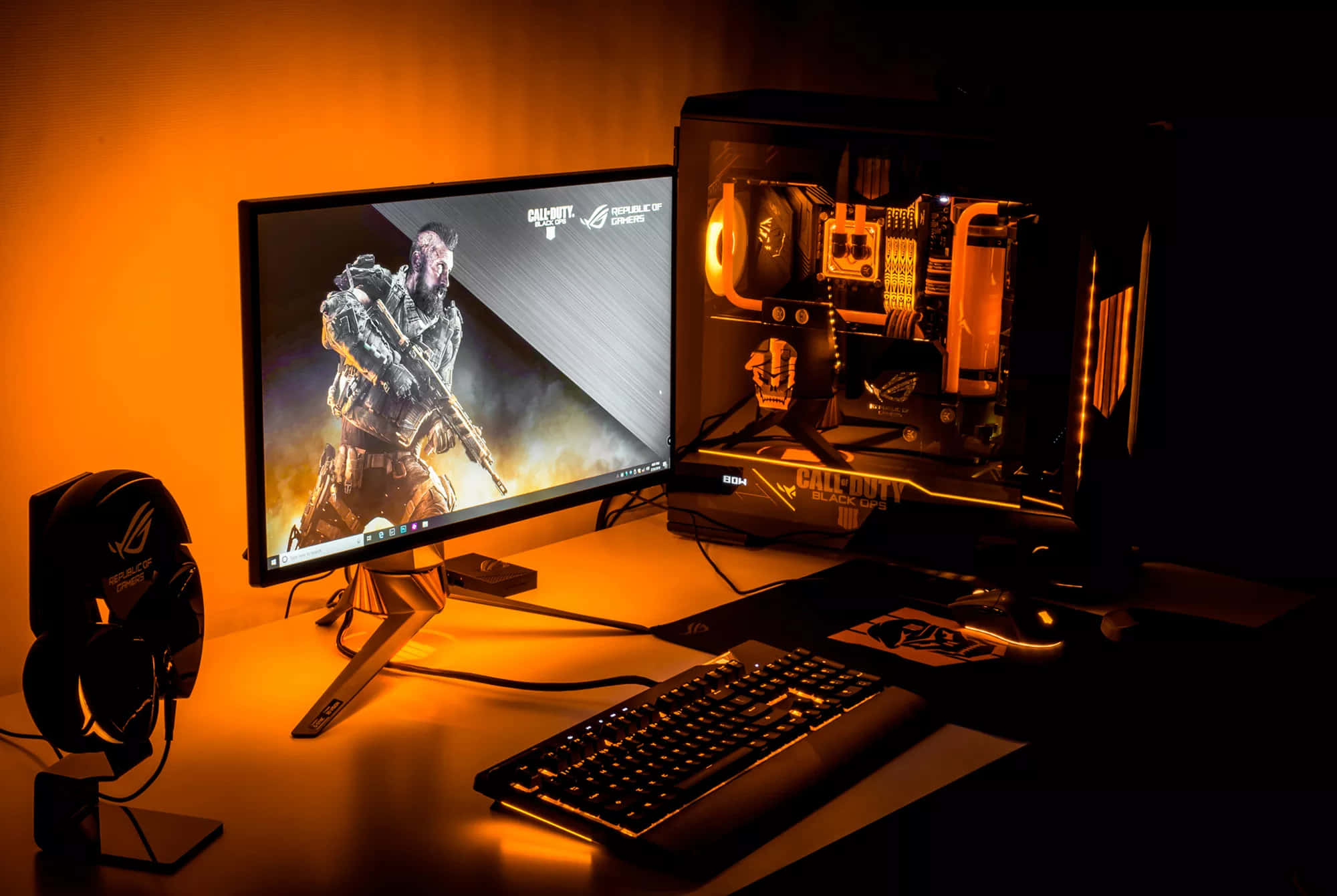 Black and Orange, glowing orange, gaming setup, Full HD Desktop Wallpaper