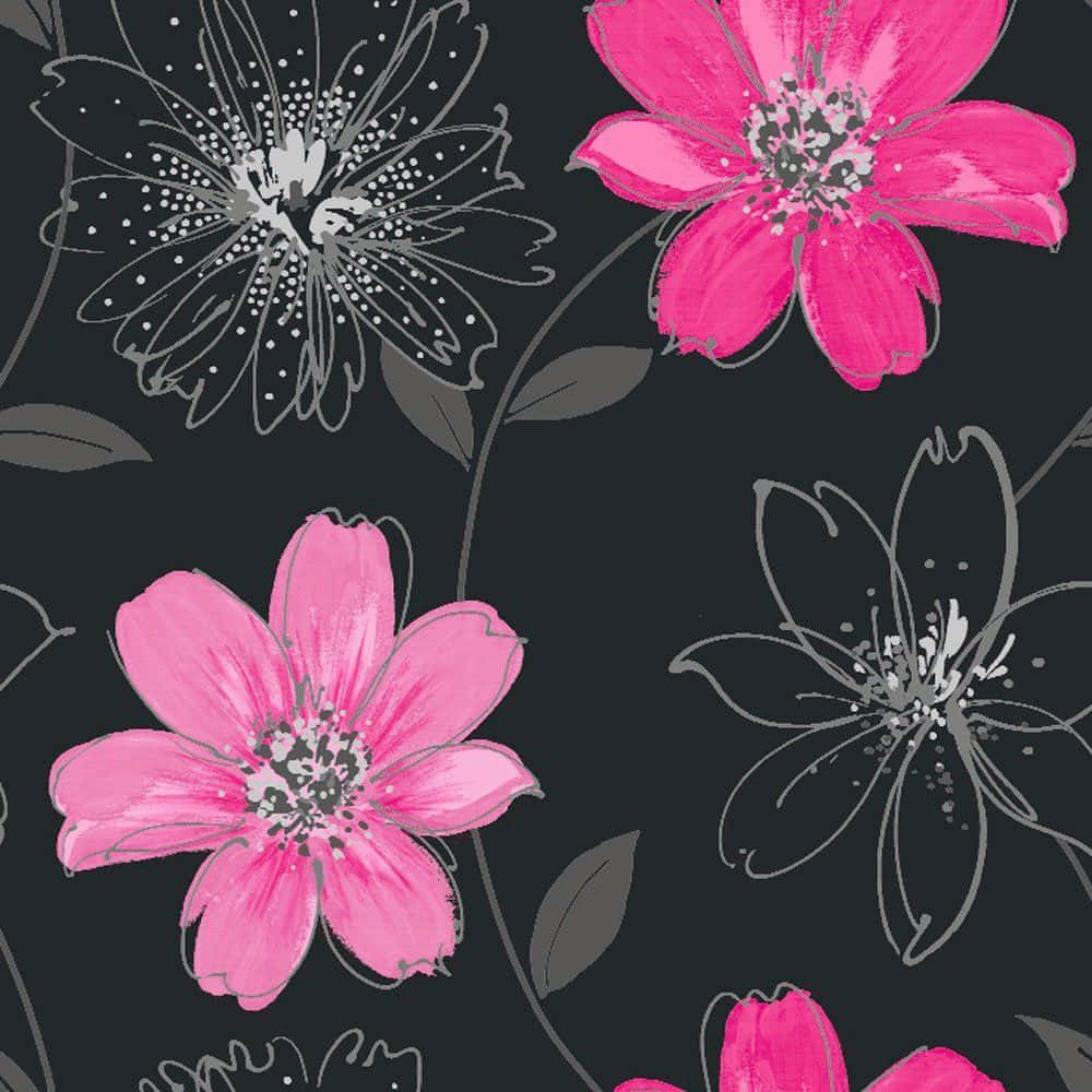 pink and grey floral pattern, black background, dark charcoal background, SD Desktop Wallpaper
