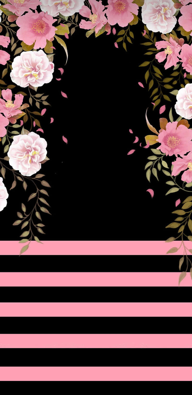 Black And Pink Flower And Stripes, pink and white flowers, green leaves, HD Phone Wallpaper
