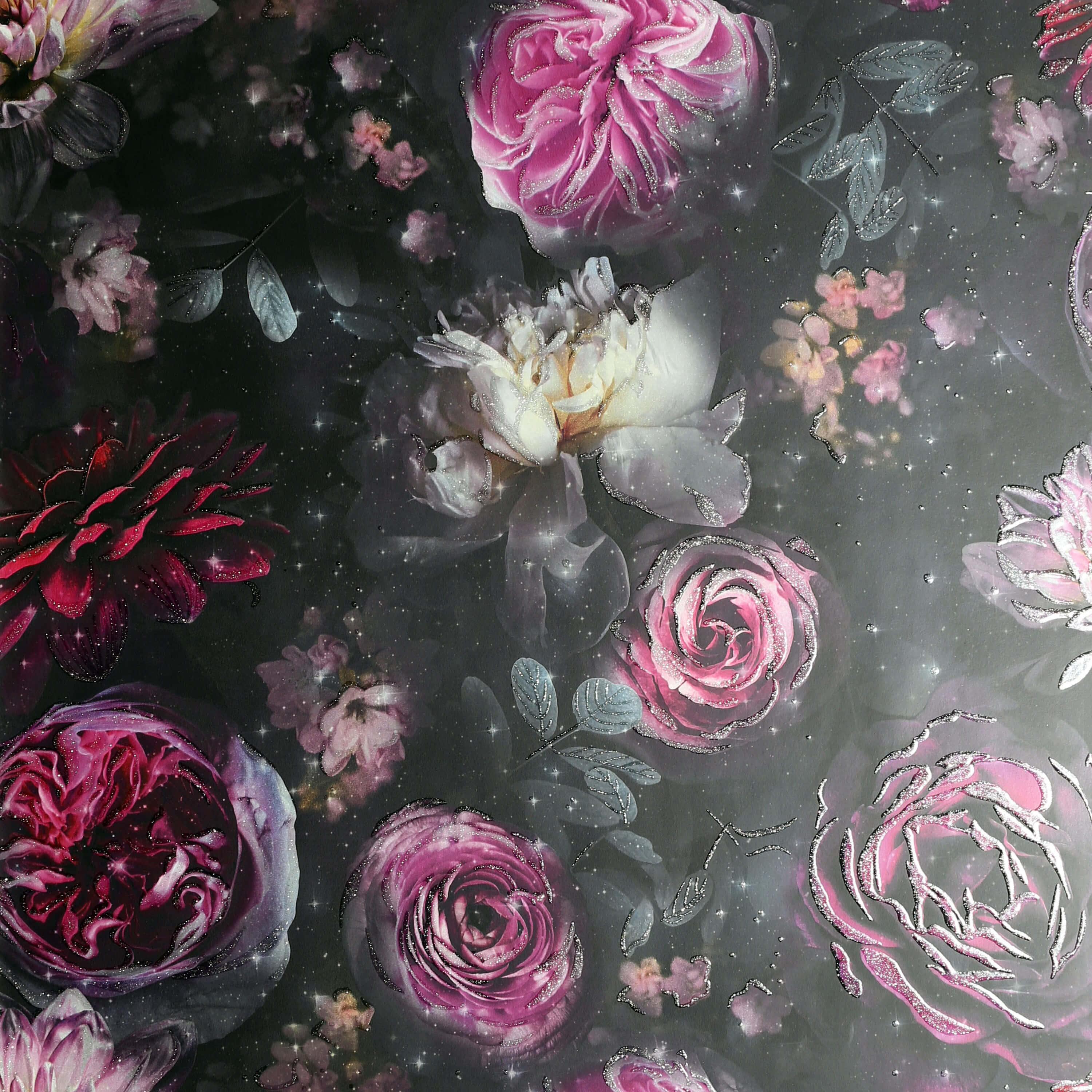 Black And Pink Flower Print, vibrant pink and red roses, starry cosmic void, 2K Desktop Wallpaper