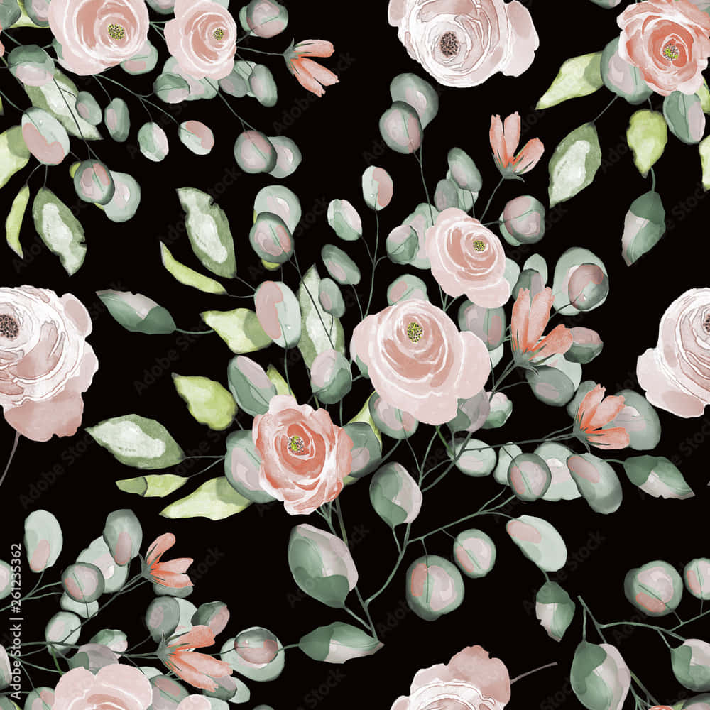 watercolor rose, eucalyptus leaves, stark black background, SD Desktop Wallpaper