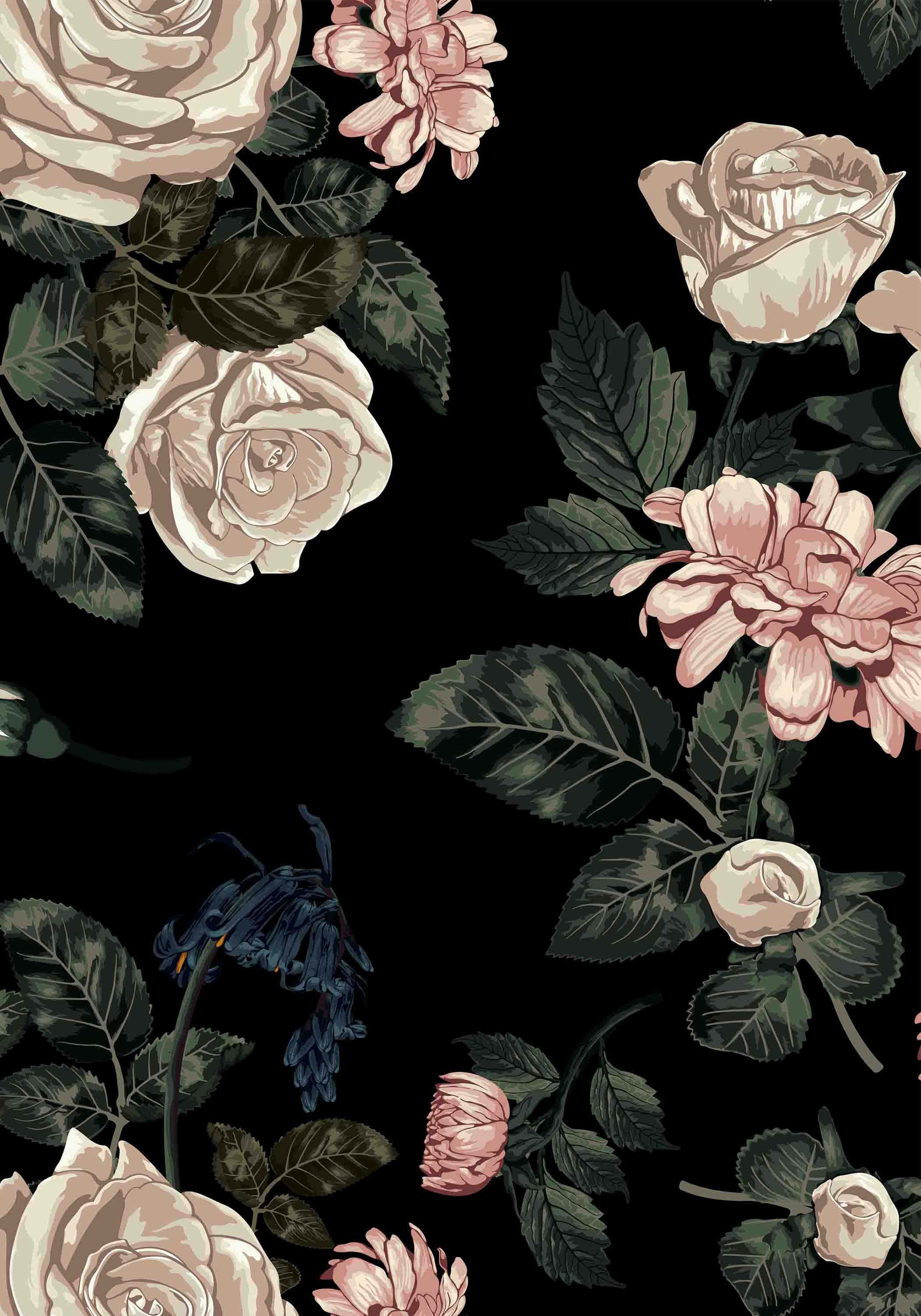 elegant black floral pattern, cream and blush pink roses, deep green leaves, 2K Phone Wallpaper