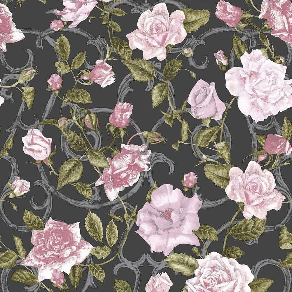 pink roses, green leaves, ornate grey scrollwork, SD Desktop Wallpaper