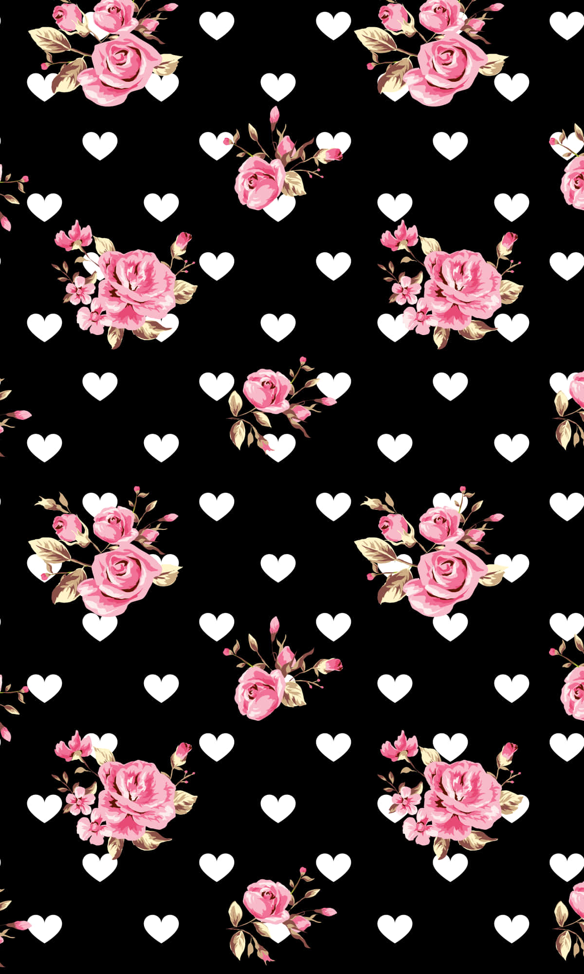 black and pink floral pattern, pink roses, white hearts, Full HD Phone Wallpaper