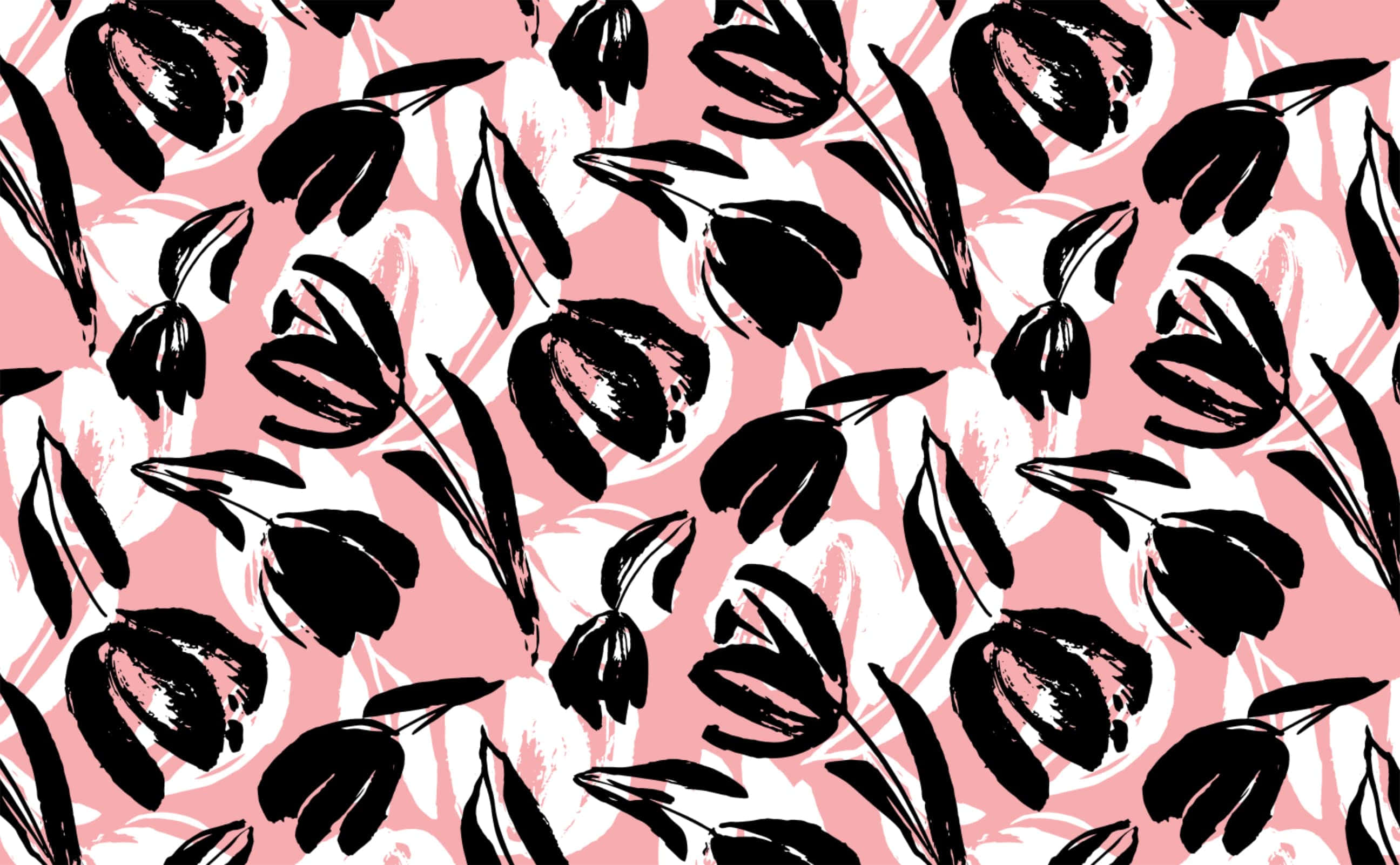 black tulip silhouettes, soft pink and white textured background, repeating pattern, 2K Desktop Wallpaper