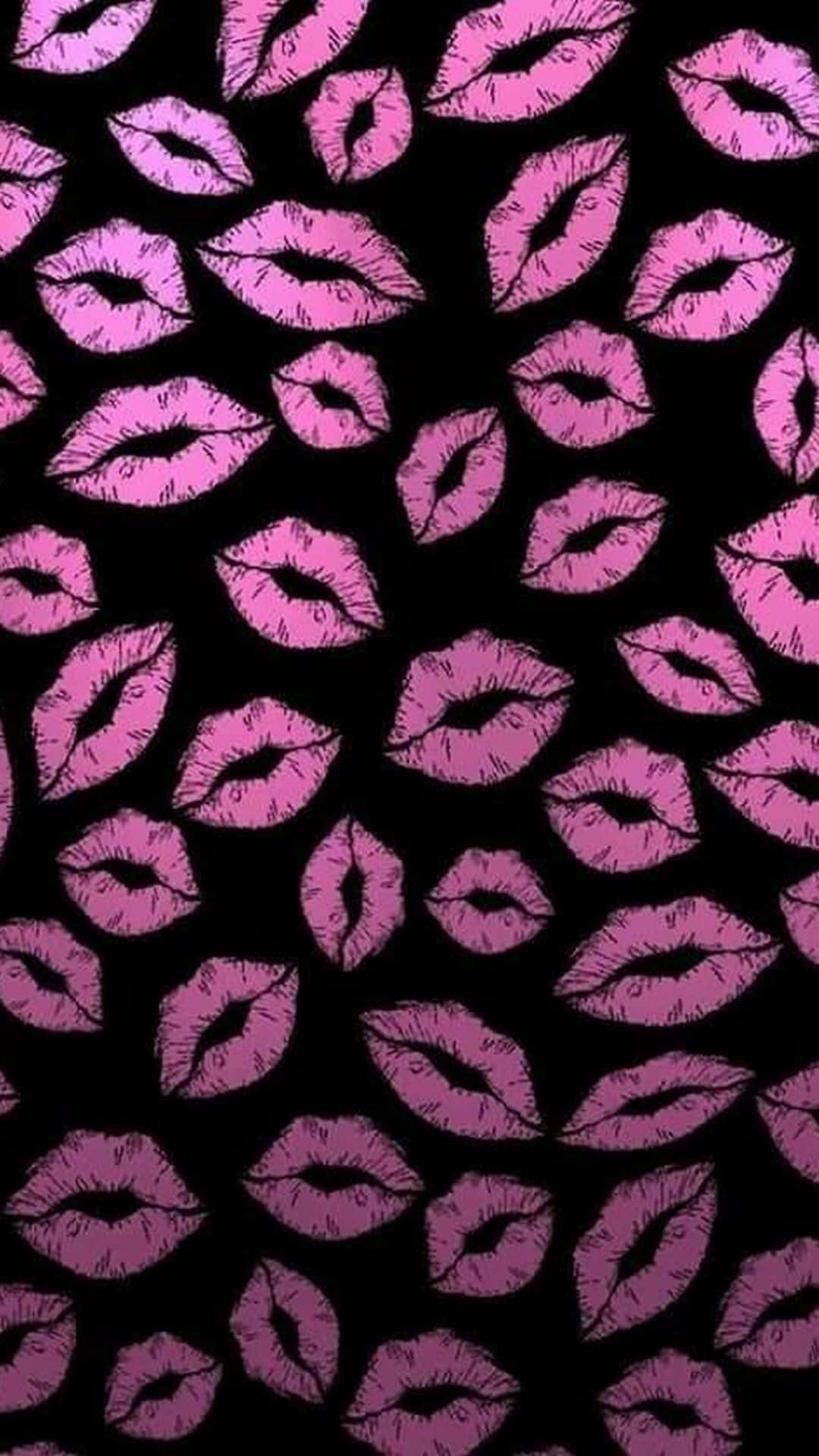 Black And Pink iPhone, pink lipstick kiss marks, stark black background, Full HD Phone Wallpaper