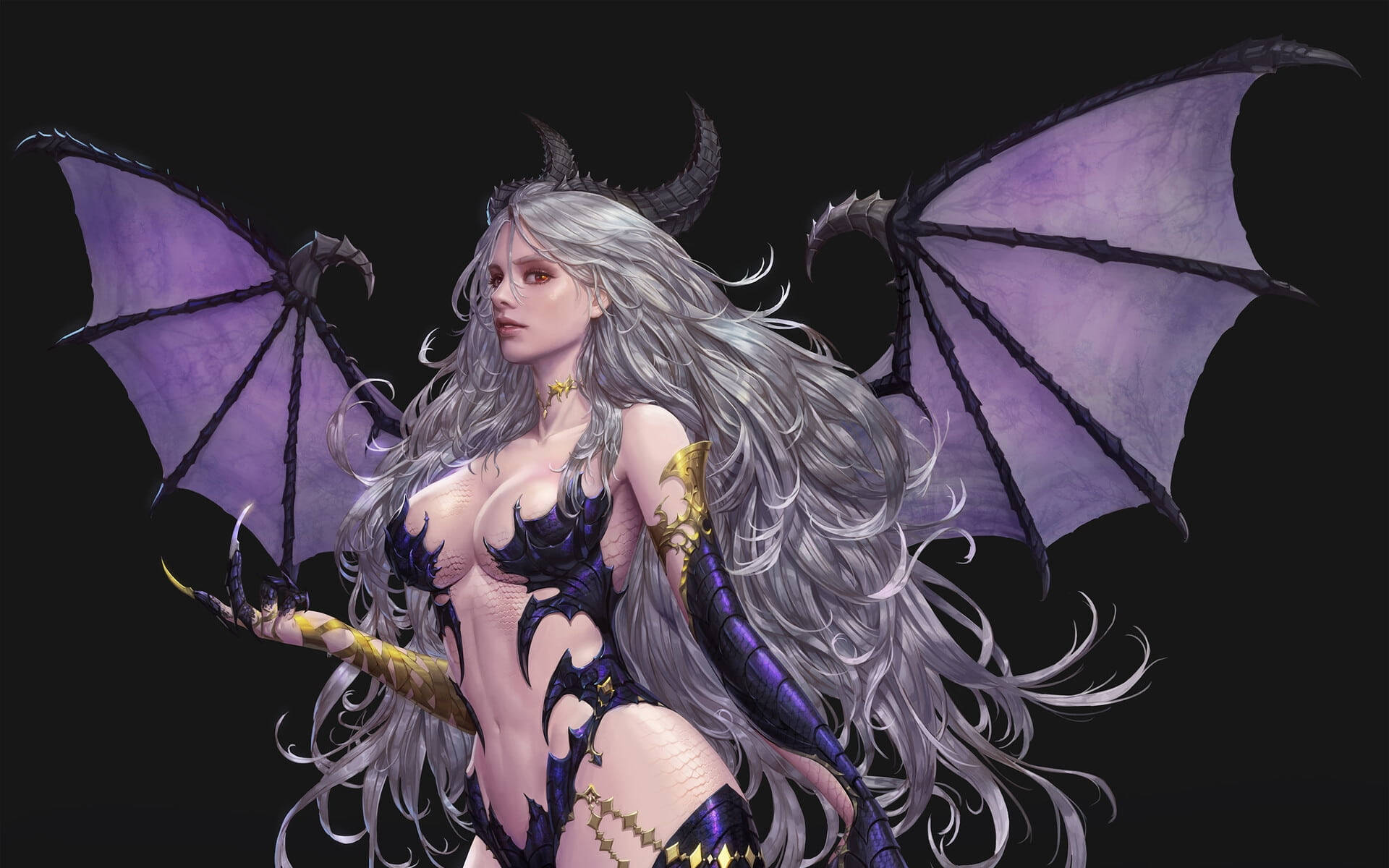 Black And Purple Aesthetic, succubus, silver hair, Full HD Desktop Wallpaper