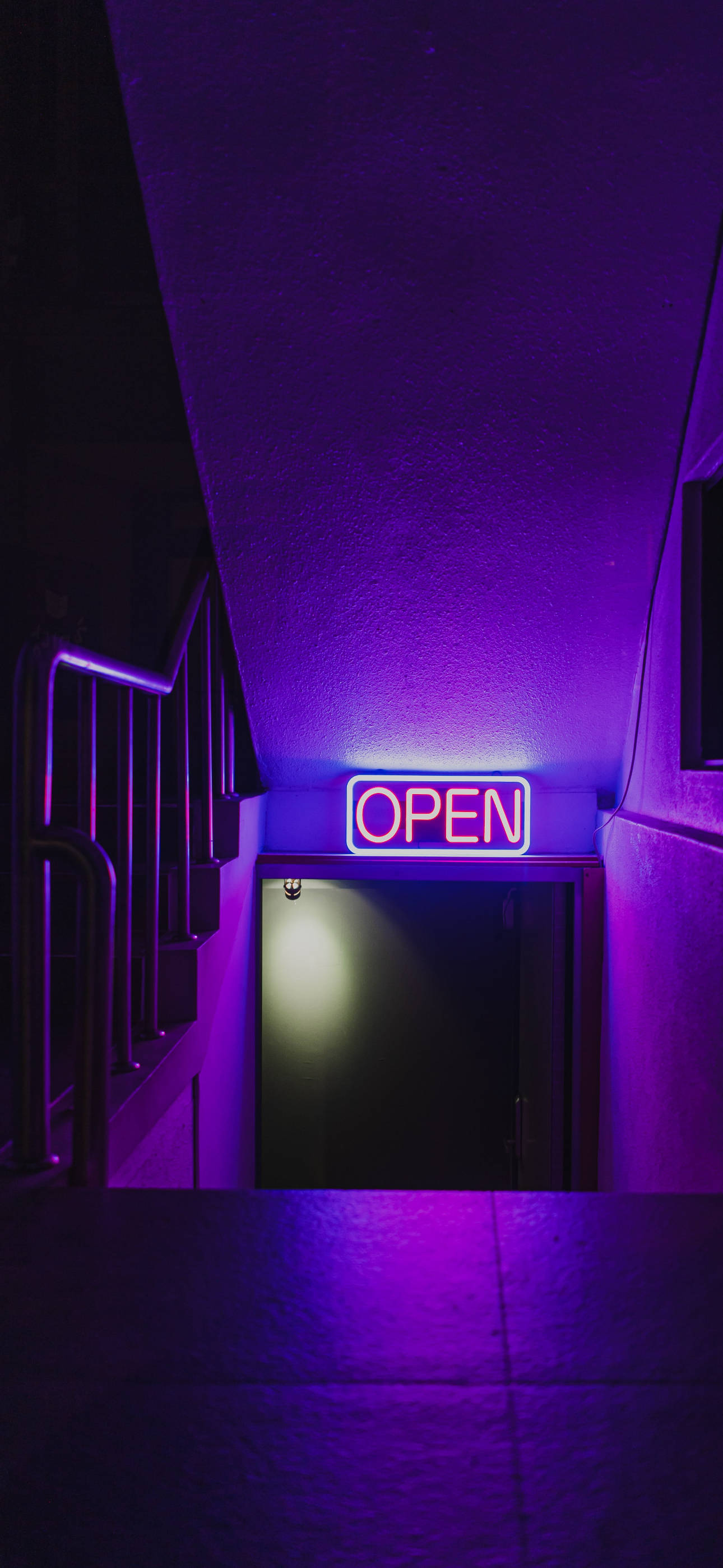 Black And Purple Aesthetic, glowing purple neon open sign, dark stairwell entrance, 2K Phone Wallpaper
