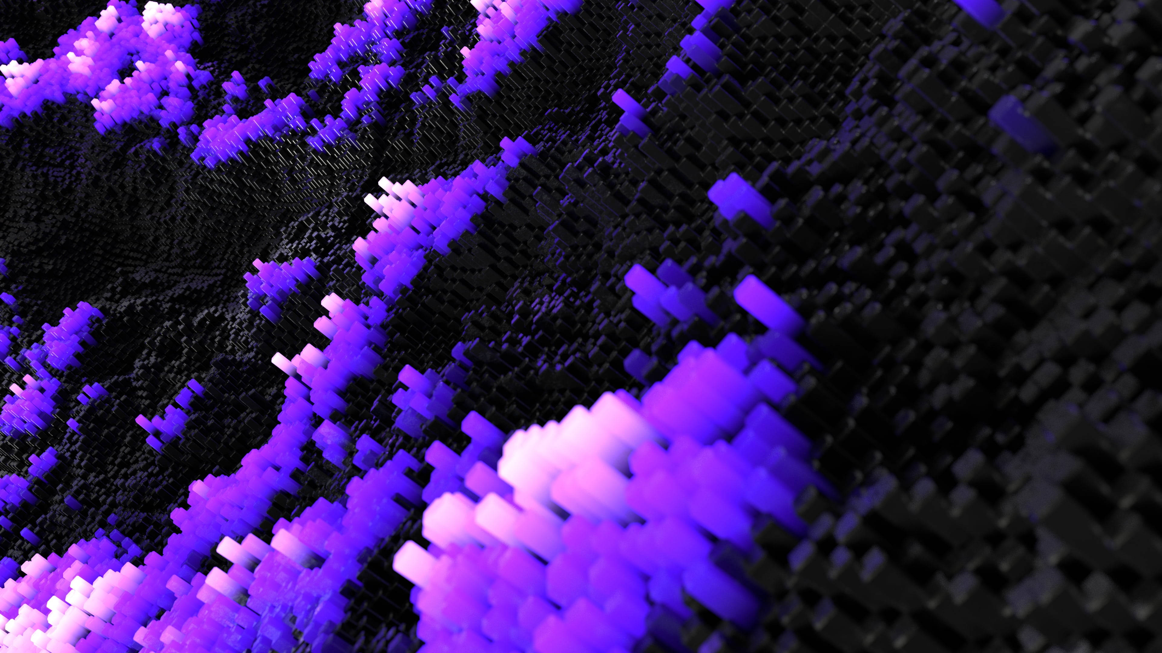 3D Black And Purple Aesthetic Abstract, glowing purple pixelated cubes, dark textured surface, 4K Desktop Wallpaper