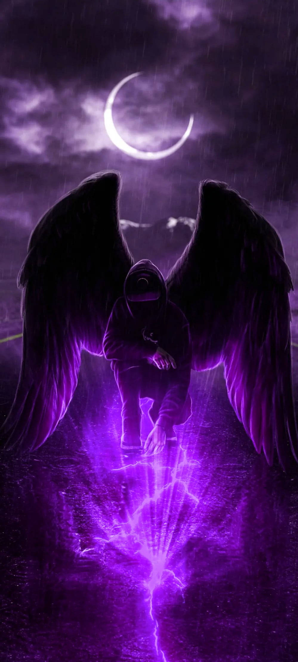 Black And Purple Aesthetic Angel, hooded figure, massive dark wings, Full HD Phone Wallpaper