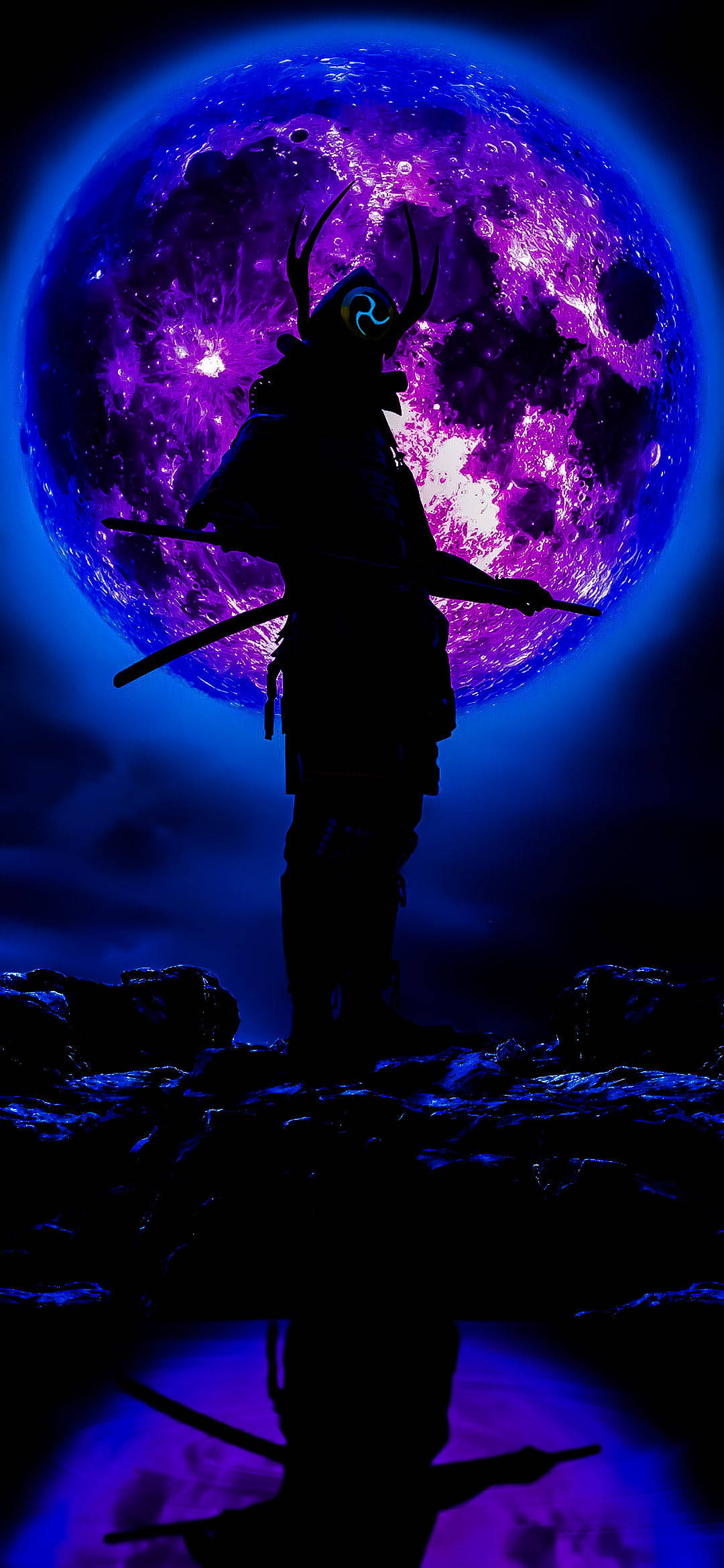 Black And Purple Aesthetic, samurai silhouette, glowing purple moon, Full HD Phone Wallpaper