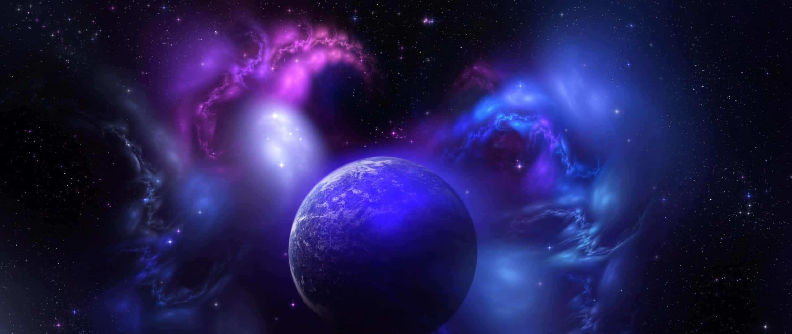 black and purple galaxy, glowing blue planet, swirling purple and blue cosmic nebulae, 2K Desktop Wallpaper