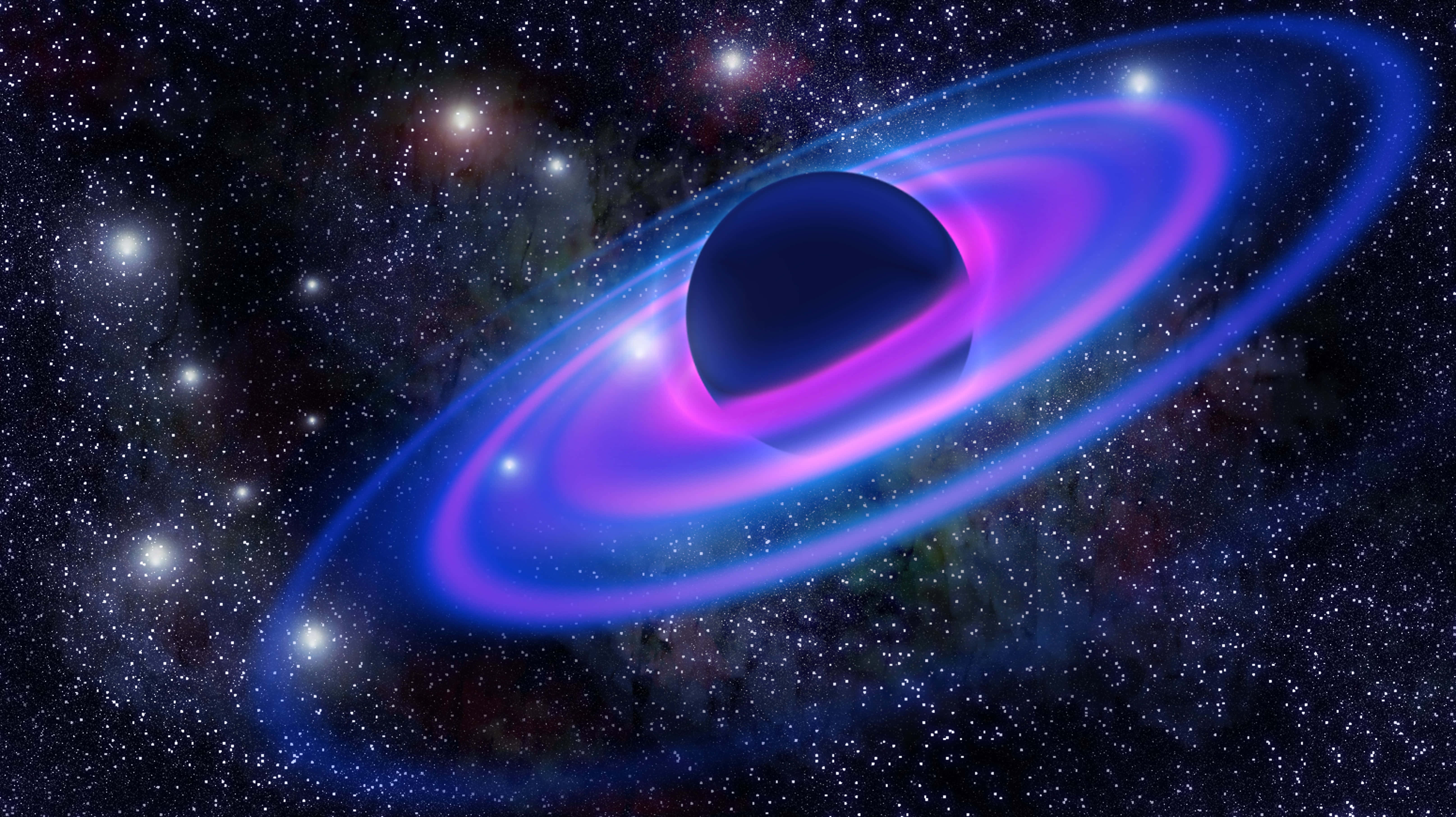 black hole, glowing purple and blue accretion disk, starry galaxy background, 5K Desktop Wallpaper
