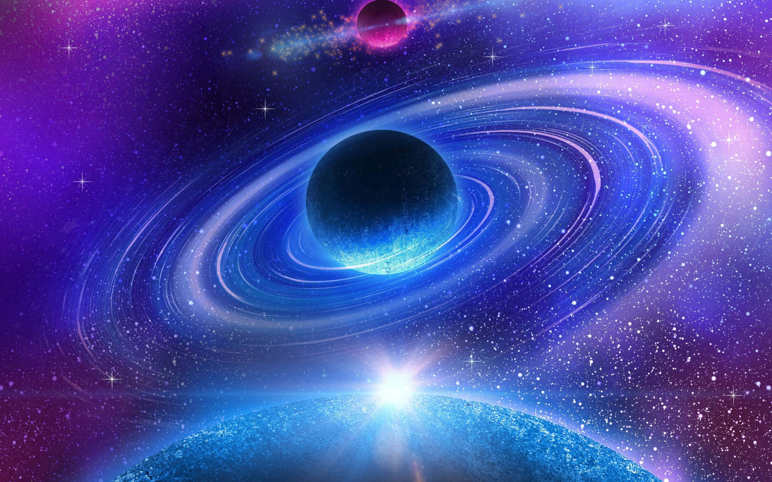 black and purple galaxy, glowing blue planet, swirling rings, 2K Desktop Wallpaper