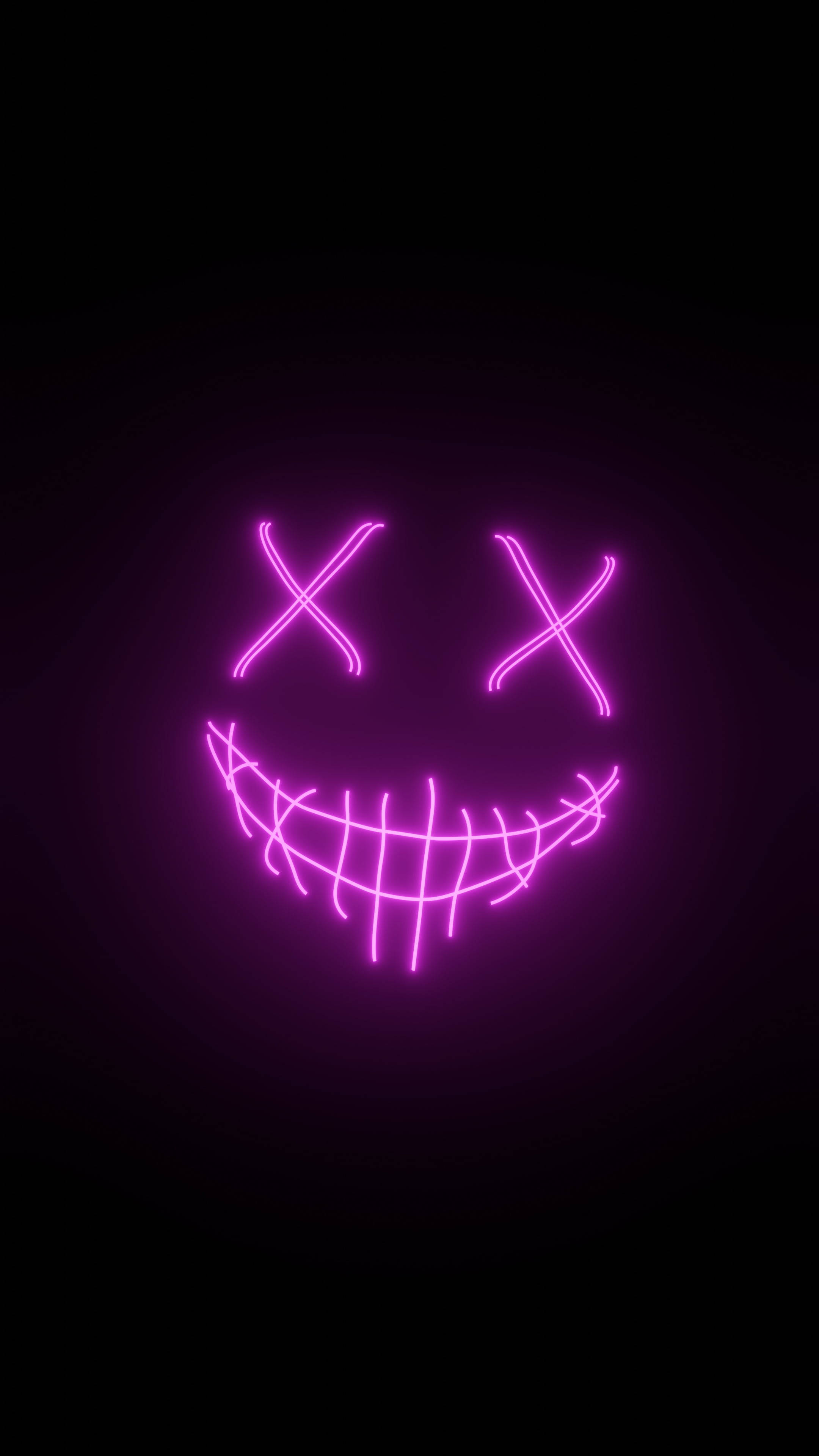 glowing purple neon smiley face, X eyes, stitched mouth, 4K Phone Wallpaper