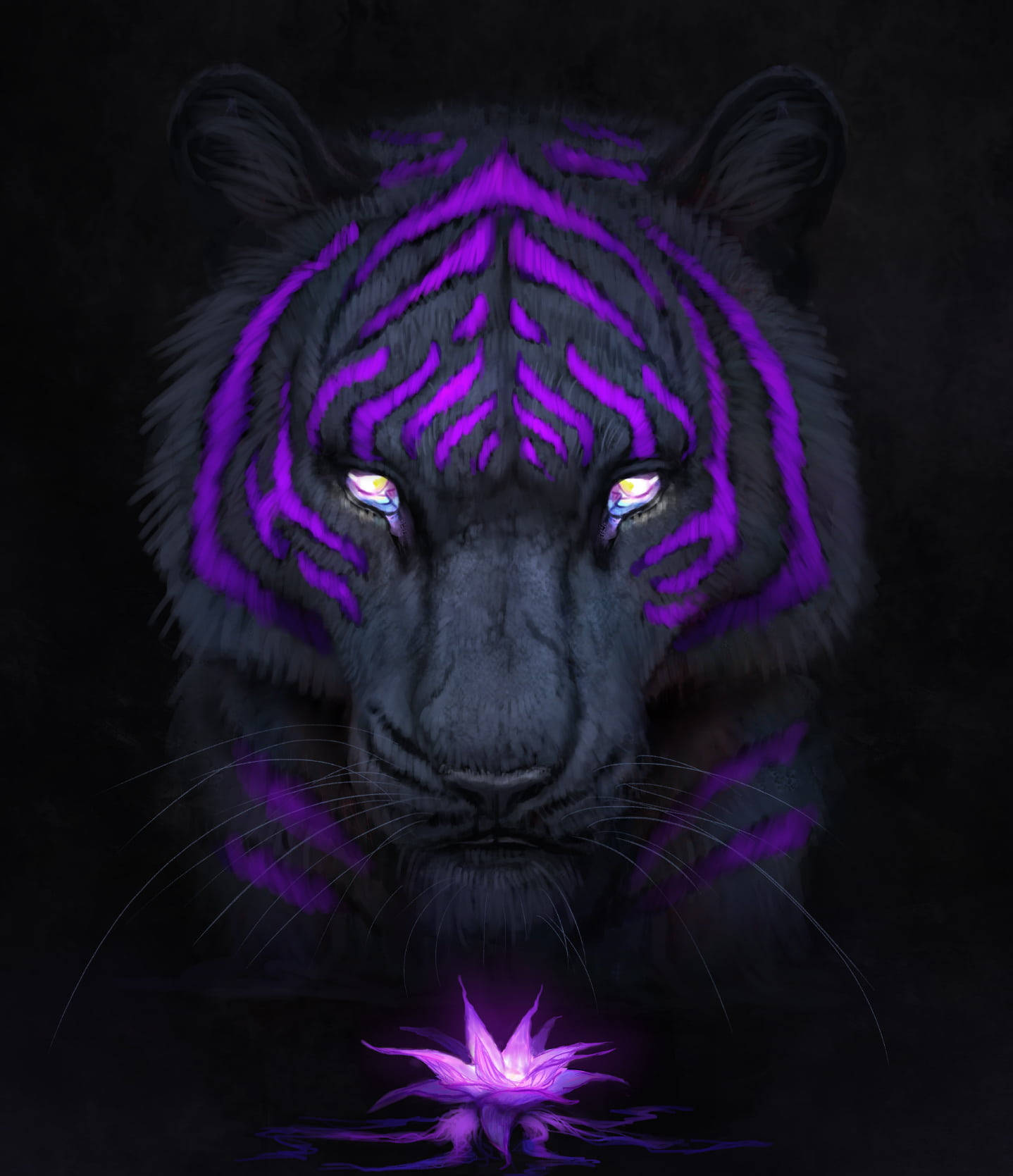 black tiger, glowing purple stripes, glowing purple eyes, HD Phone Wallpaper